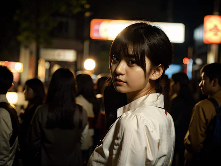 Out of focus boroid photo、very dark lighting、(((crowded train)))、chaos、very crowded、Very close、A Japanese mature woman surrounded by middle-aged men、((she is hidden by the crowd))、she is being stripped of her sailor uniform、(((see-through sailor suit)))、My chest is being held