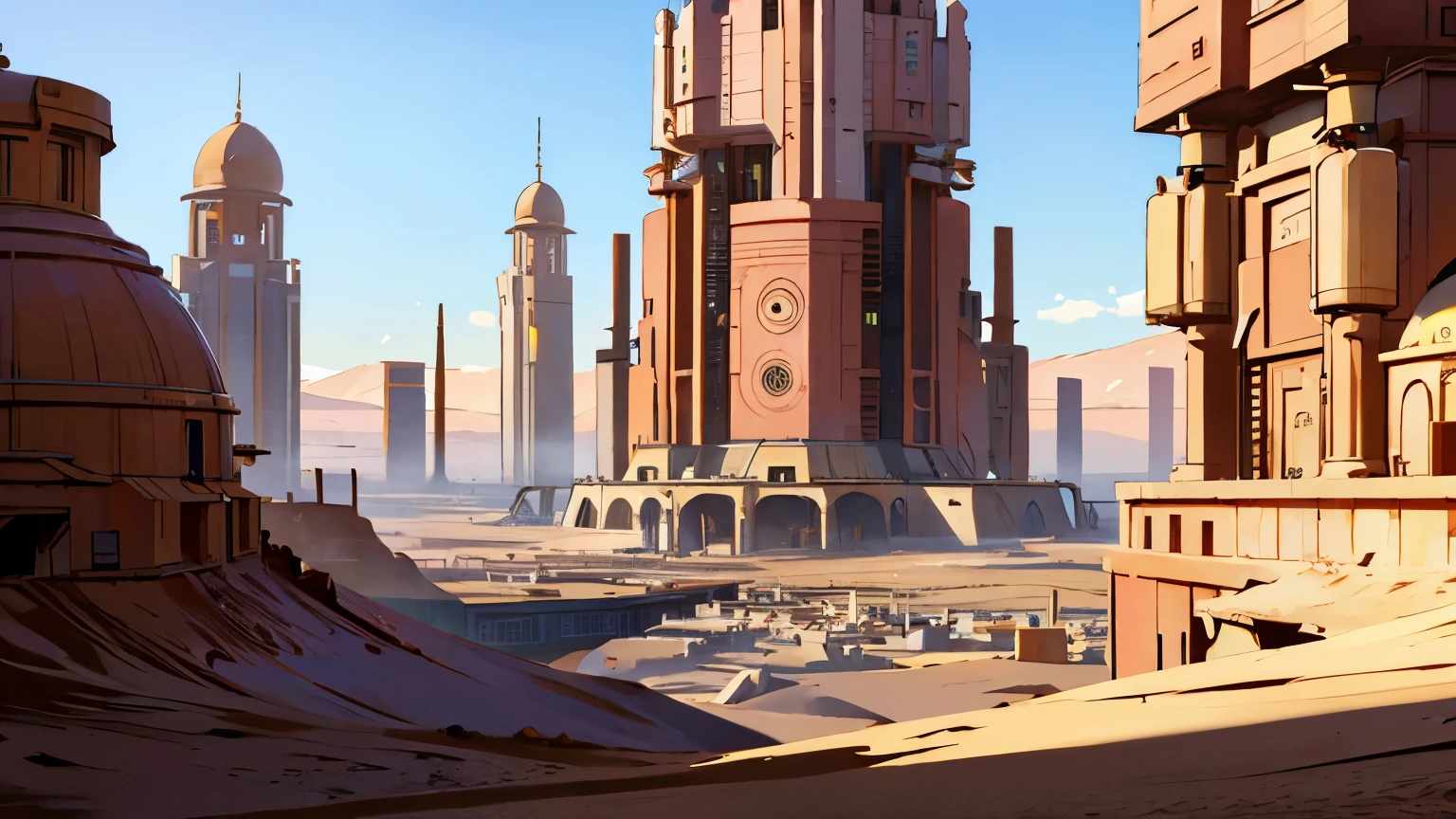 A extra wide desert with a lot of future City , outdoor , StarWars style , no people