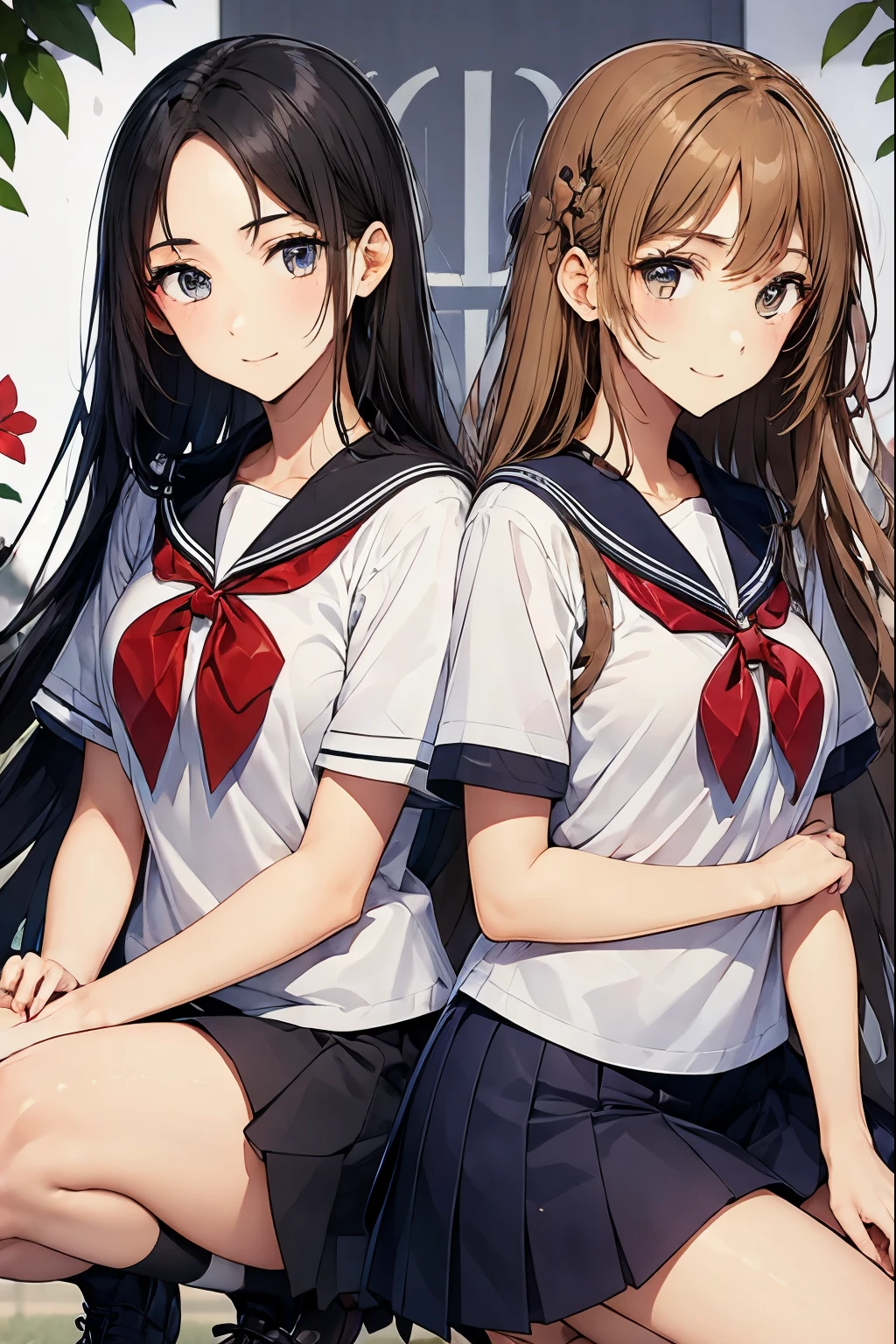Two high school girls are squatting in front of a flower bed、seductive smile、school playground、Watching the flowers