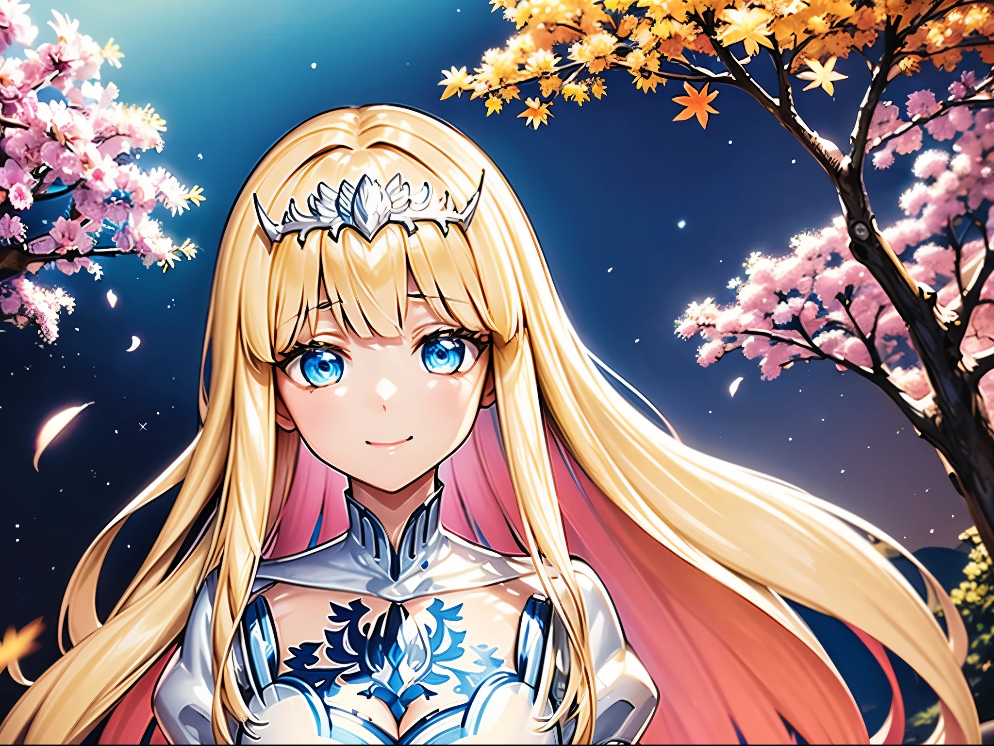 (hight resolution、ultra-detailliert、movie)、solo、1girl in、Happiness、Orchids on the sides、Girl around orchid petals、A charming smile、full body Esbian、、facing front、Fantasia、Official art、pop-art、profile、hyperdetailed face、ultradetailed eyes、Orchid Garden、Ultra Detailed Fields、White blue sky、 shuicolor、blanche、Nebulae in the sky、Landscape of autumn leaves、watercolor paiting、PastelColors,  1girl,solo, Calca, Calca Bessarez, blonde hair, extremely long hair, very long hair, white tiara, silver tiara, white dress, blue eyes, medium chest