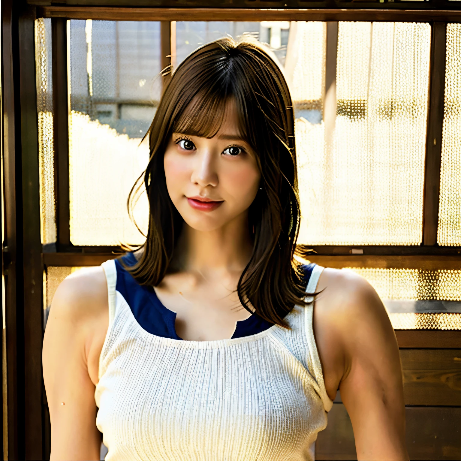 Realistic beautiful woman (masterpiece, highest quality:1.2), One girl, Olive skin and natural style, Timeless beauty, alone, Bob cut brown hair, Realistic, (Curvy 0.9, Tone 1.2) body, Slim Thick、Japanese middle-aged women、Navy blue large one piece、Dripping Sweat