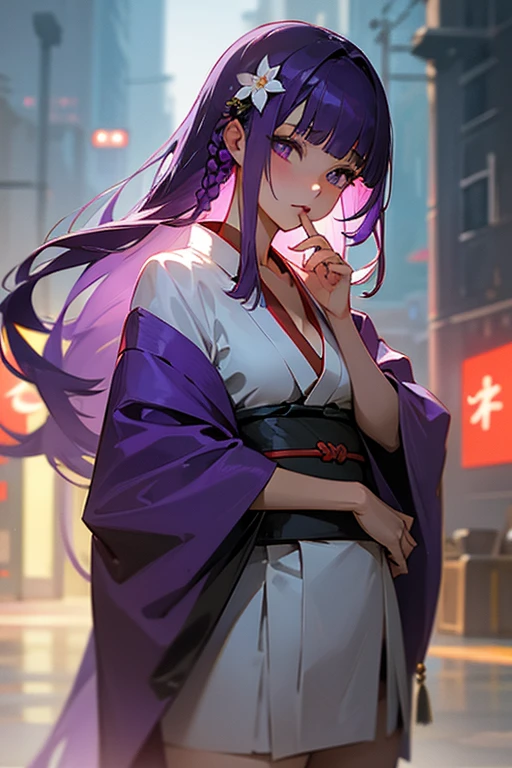 1 girl, Blunt bangs, Braiding, Wide sleeves, hair ornaments, kimono, red obi, (Purple Hair:1.2), Very long hair, Straight hair, Looking at the audience, Highly detailed background, (Realistic:1.2), Beautiful Eyes, Red eyeshadow, Written boundary depth，thigh, (Ulzzang-6500:0.7), Upper Body, (alone:1.2), (Cyberpunk City:1.1), Cleavage, (Put your finger on your lips:1.1),Shiny skin、hair blowing in the wind、flower、
