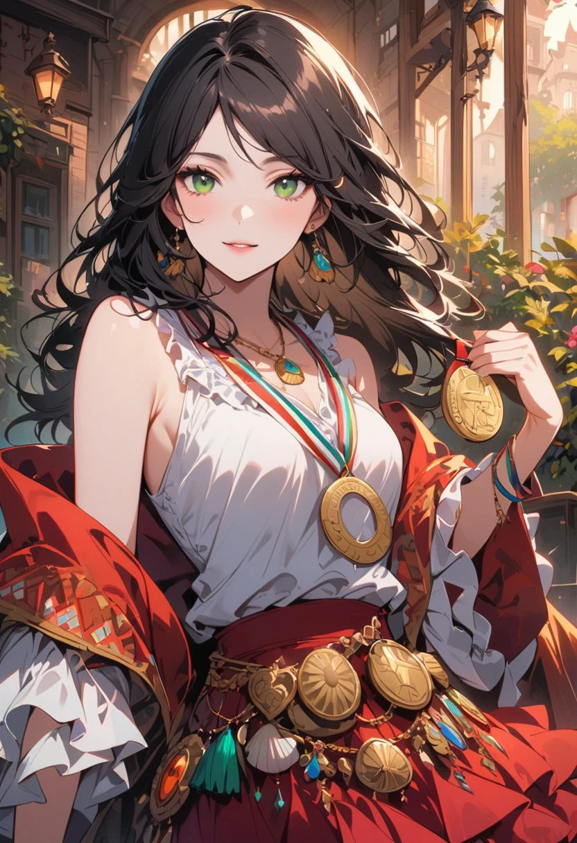 A gypsy with green eyes and black hair, White top with gold medal and red skirt with ruffles, Shell necklace.