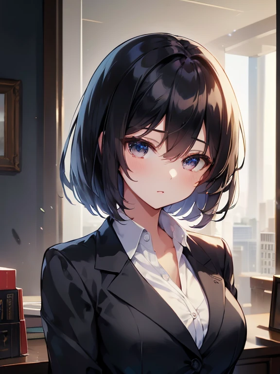 ((highest quality)), ((masterpiece)), ((High resolution)), ((Perfect Face)),Adult female,business_blouse,Chest turbulence,Short Bob,Black Hair,