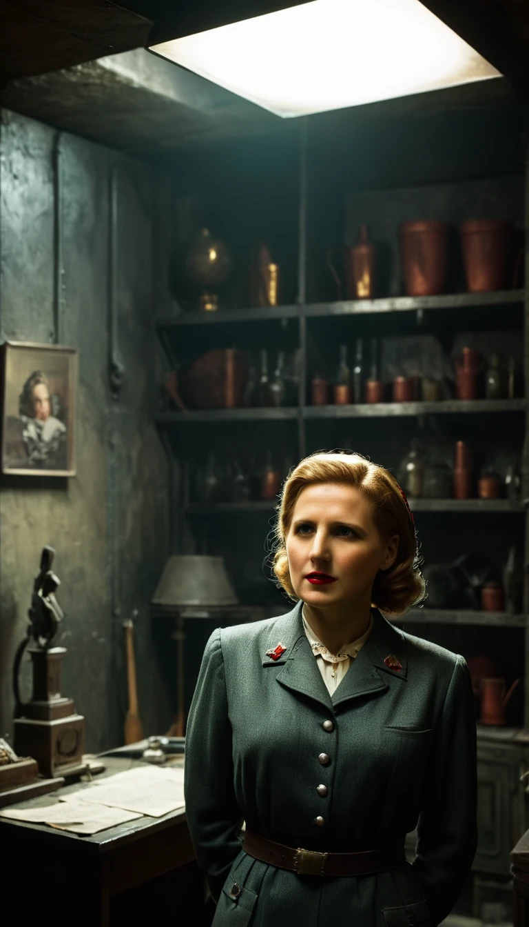 period piece masterpiece, Create a somber atmosphere in the bunker, with Eva Braun standing alone in a corner, background cinematic, hyper realistic, ultra detailed hyper realistic, photorealistic, Studio Lighting, reflections, dynamic pose, Cinematic, historical accuracy, Color Grading, Photography, Shot on 50mm lens, Ultra-Wide Angle, Depth of Field, hyper-detailed, beautifully color, 8k