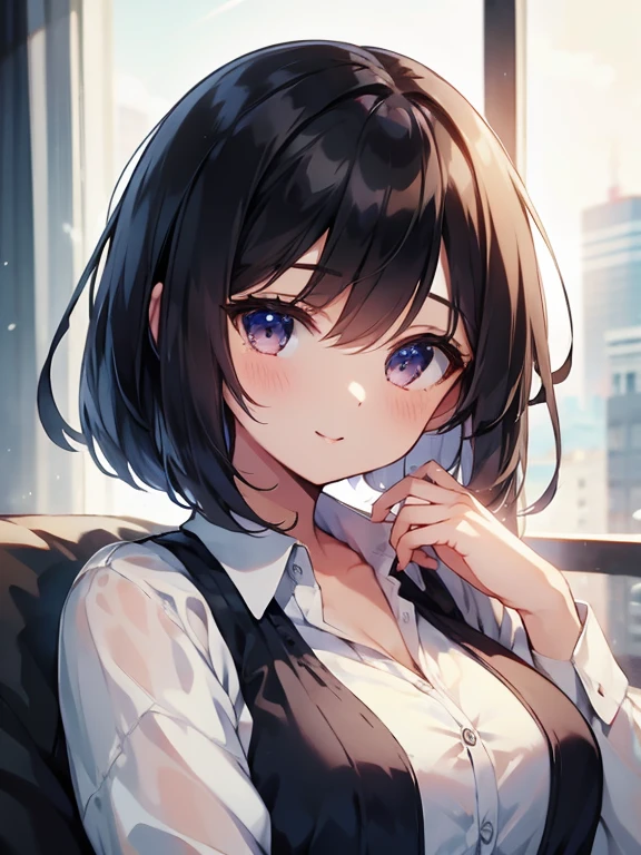 ((highest quality)), ((masterpiece)), ((High resolution)), ((Perfect Face)),Adult female,business_blouse,Open collar,Chest turbulence,Short Bob,Black Hair,A confident smile,