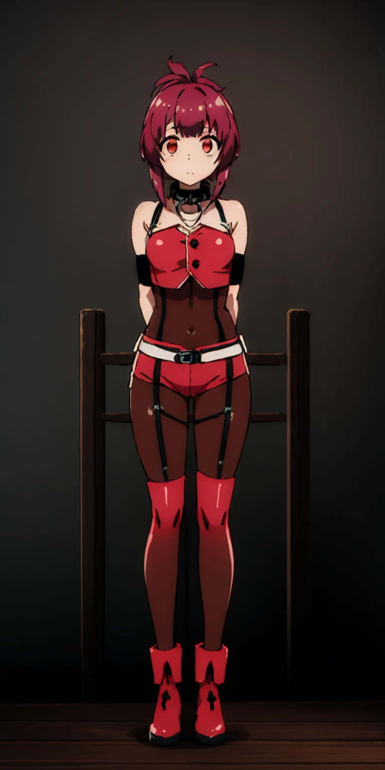 full body bondage latex girl (black background) standing by wooden pole bondage