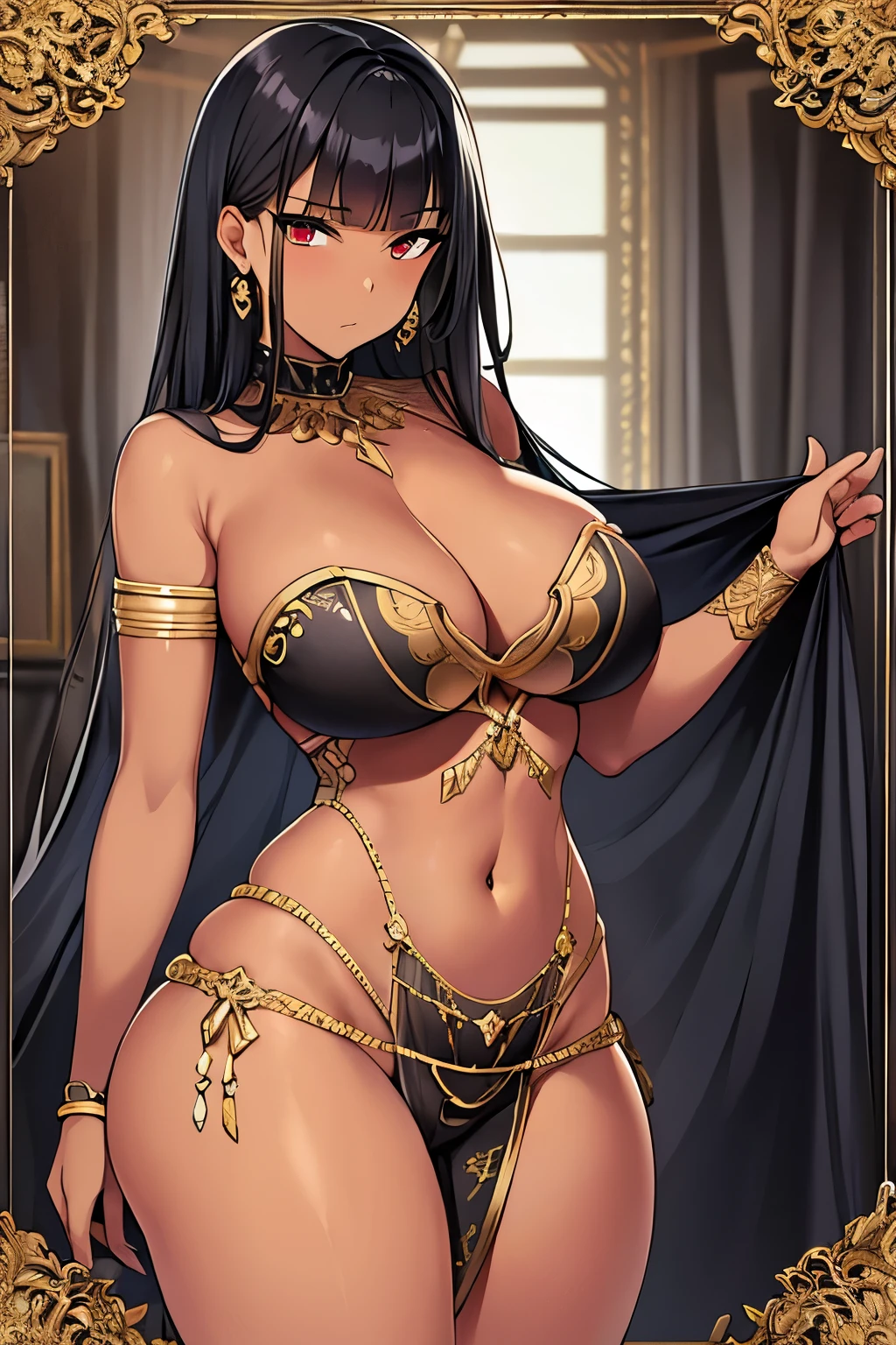 Masterpiece of digital art, showcasing a beautifully tall woman with perky breasts, bare shoulders, and a strapless tube top. The woman's black hair falls in blunt bangs framing her dark skin and goth fashion sensibilities. Her loincloth, revealing her toned figure and navel, adds to the intricate and highly detailed composition. The woman's thick thighs are prominently displayed as she confidently gazes at the viewer with a captivating expression.