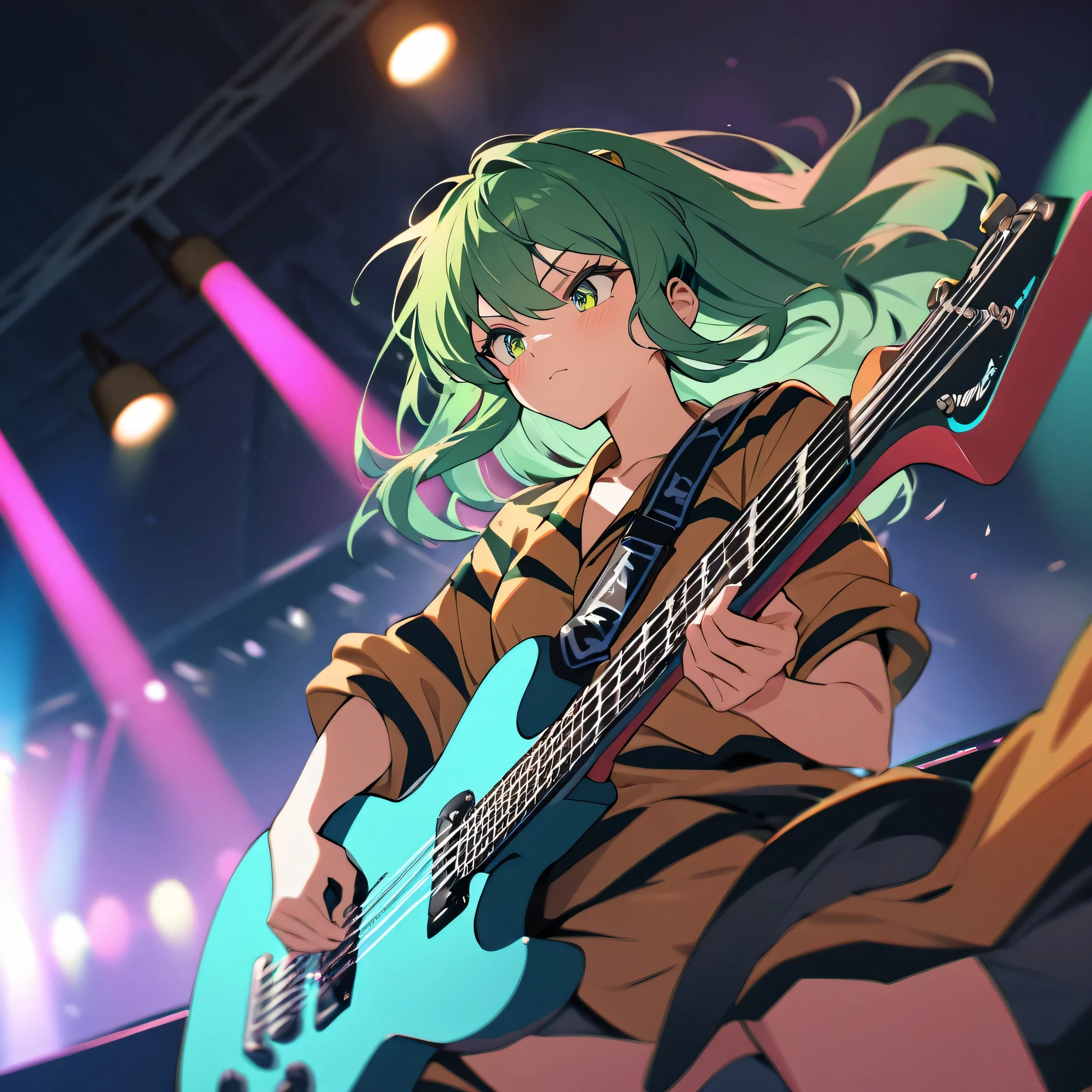 (best quality,highres:1.2),detailed,(lum),inside the school,on the stage,wearing ,playing electric guitar,portraits,vivid colors,stage lighting,energetic atmosphere,guitar solo