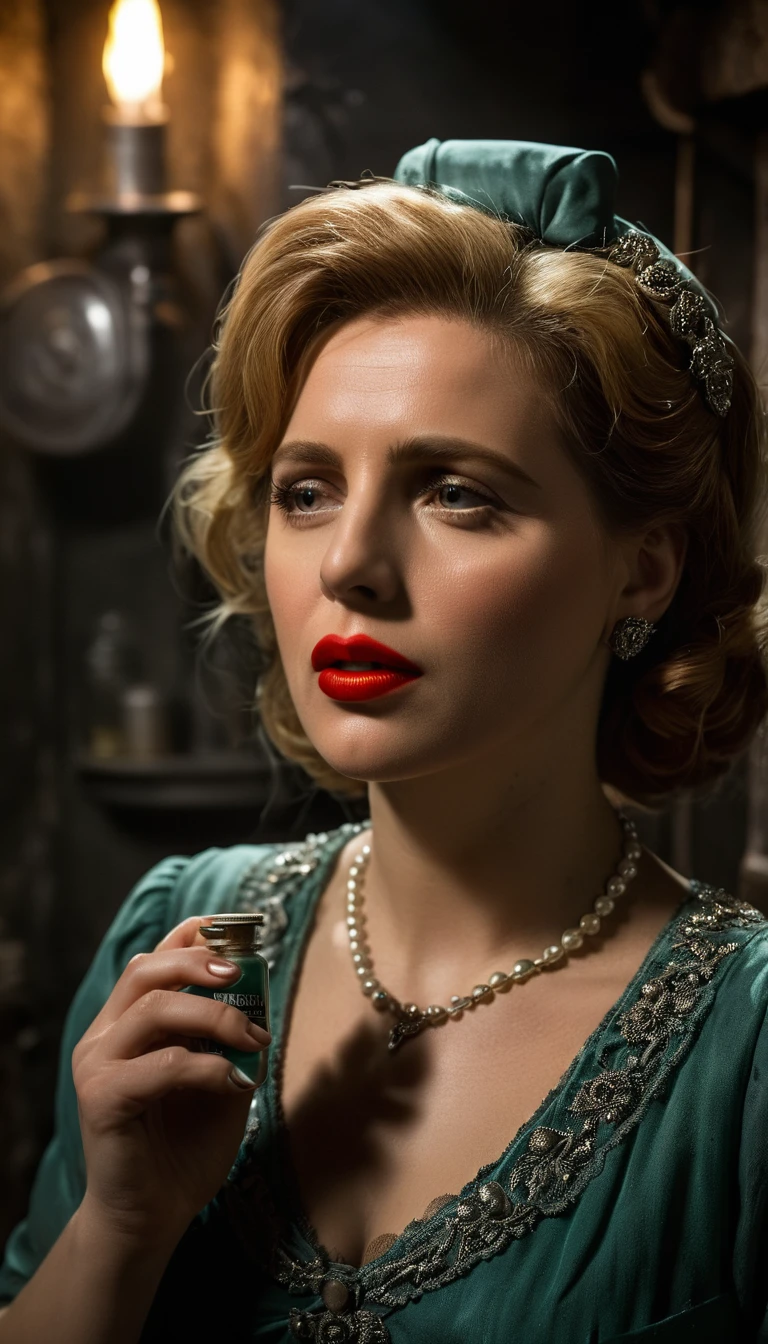 period piece masterpiece, ((Describe Eva holding a small vial of cyanide, her hand trembling as she brings it to her lips)), Create a somber atmosphere in the bunker, with Eva Braun standing alone in a corner, background cinematic, hyper realistic, ultra detailed hyper realistic, photorealistic, Studio Lighting, reflections, dynamic pose, Cinematic, historical accuracy, Color Grading, Photography, Shot on 50mm lens, Ultra-Wide Angle, Depth of Field, hyper-detailed, beautifully color, 8k