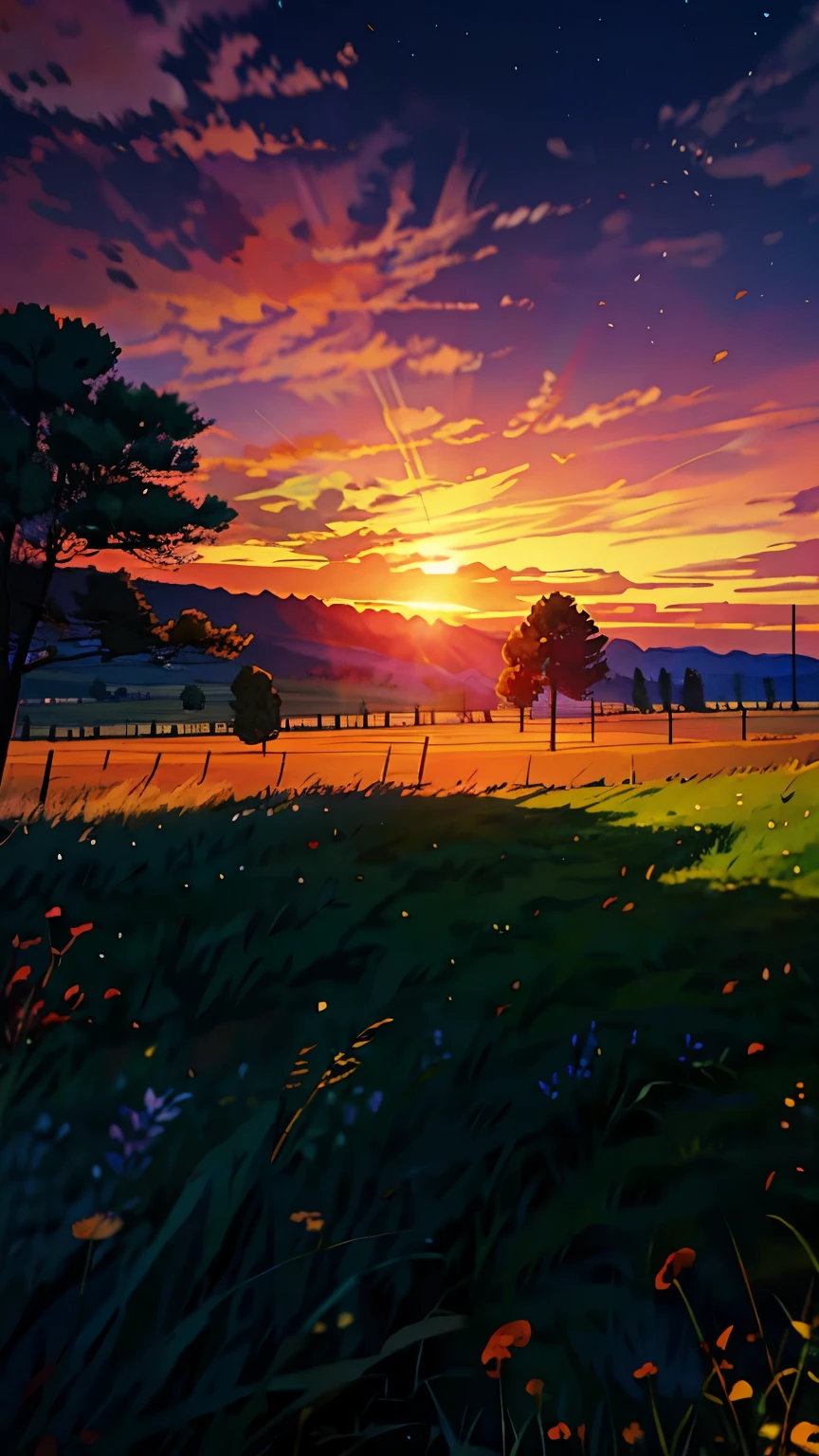 colorful。Sunset sky。huge moon。grassland。