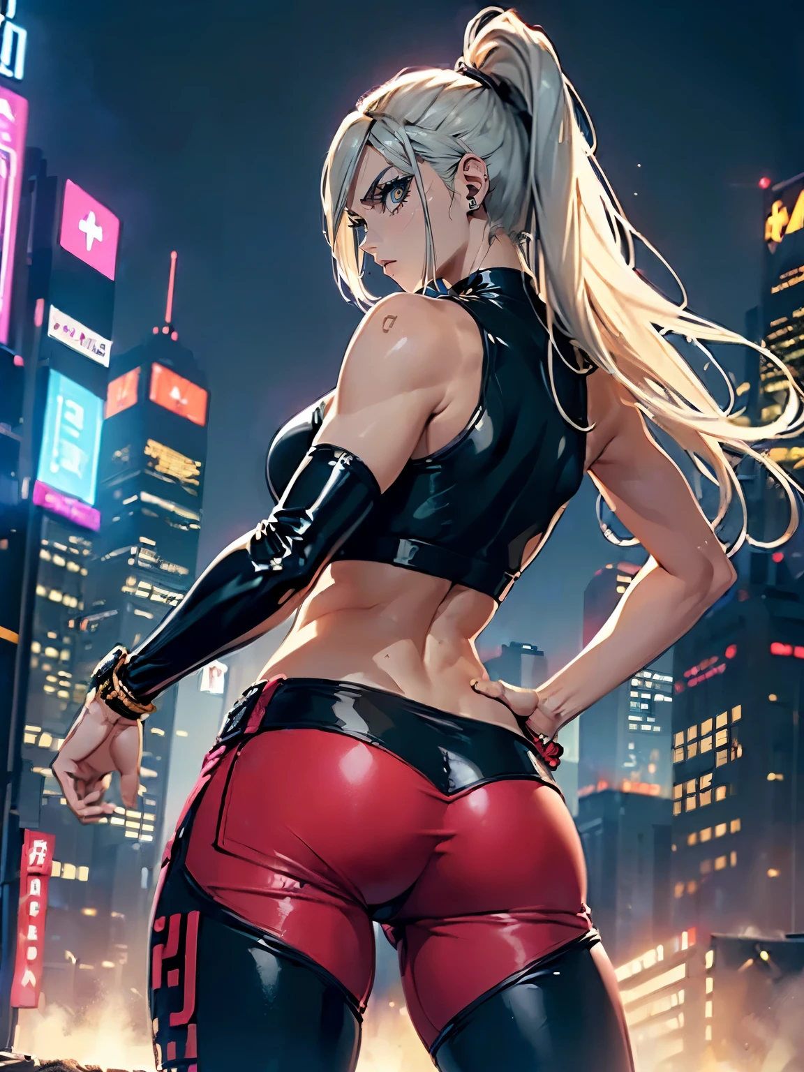 (best quality, ultra-detailed, photo-realistic:1.37), neon-lit cyberpunk cityscape, 1 woman standing, entering the scene. The woman has long flowing hair and a stylish futuristic outfit. Her beautiful detailed eyes are accentuated by the vibrant neon lights. The scene is set in a renowned red light district, with glowing signs and steam rising from the streets. The woman is standing near a window, gazing into its depths, curious about the forbidden allure within. The window emits a red glow, casting a seductive atmosphere. The woman's expression is a mix of curiosity and fascination, beckoning the viewer to enter the world behind the glass. The cyberpunk aesthetic of the scene is enhanced by the futuristic architecture and holographic displays adorning the buildings. The city is enveloped in a captivating red and blue color palette, emphasizing the seductive and mysterious ambiance. The scene is illuminated by neon lighting, creating vibrant reflections on the wet streets below. The combination of the woman's alluring presence and the cyberpunk setting evokes a sense of intrigue and adventure.