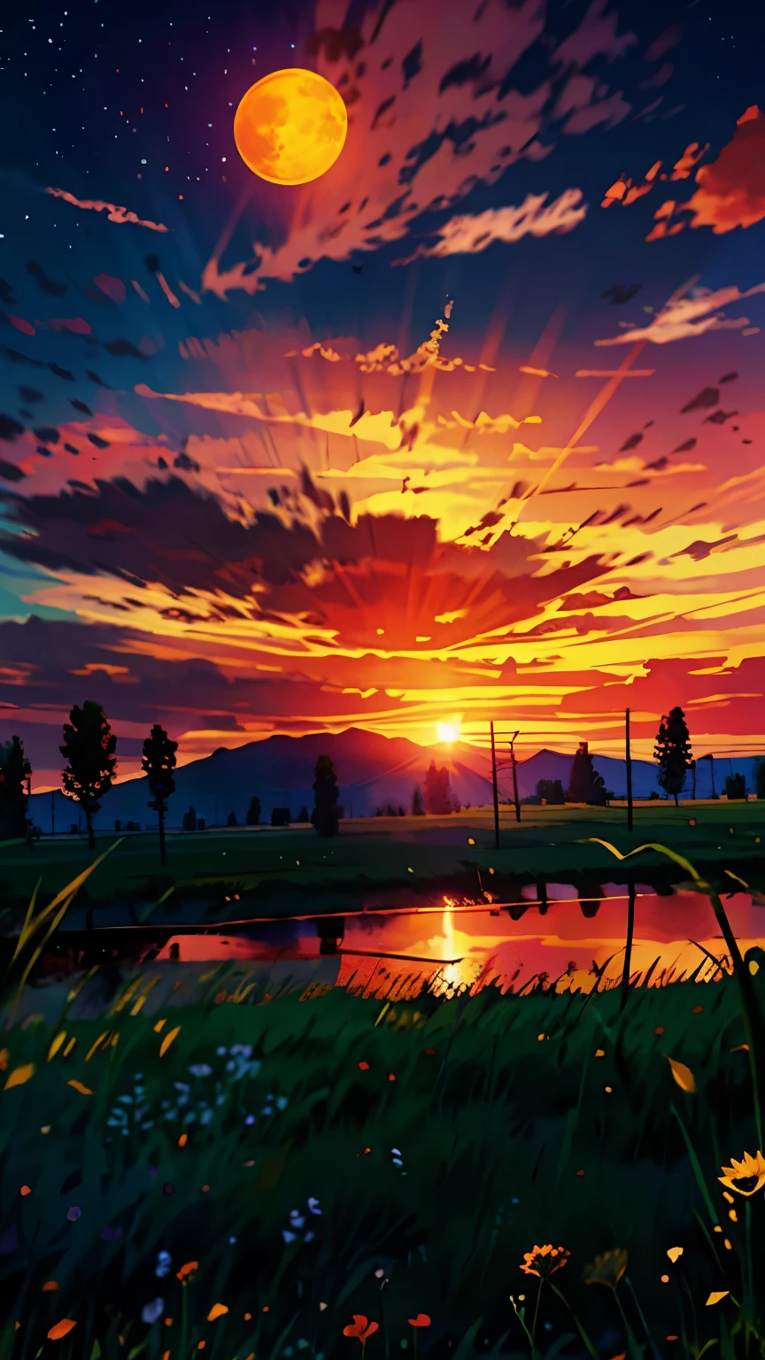 colorful。Sunset sky。huge moon。grassland。