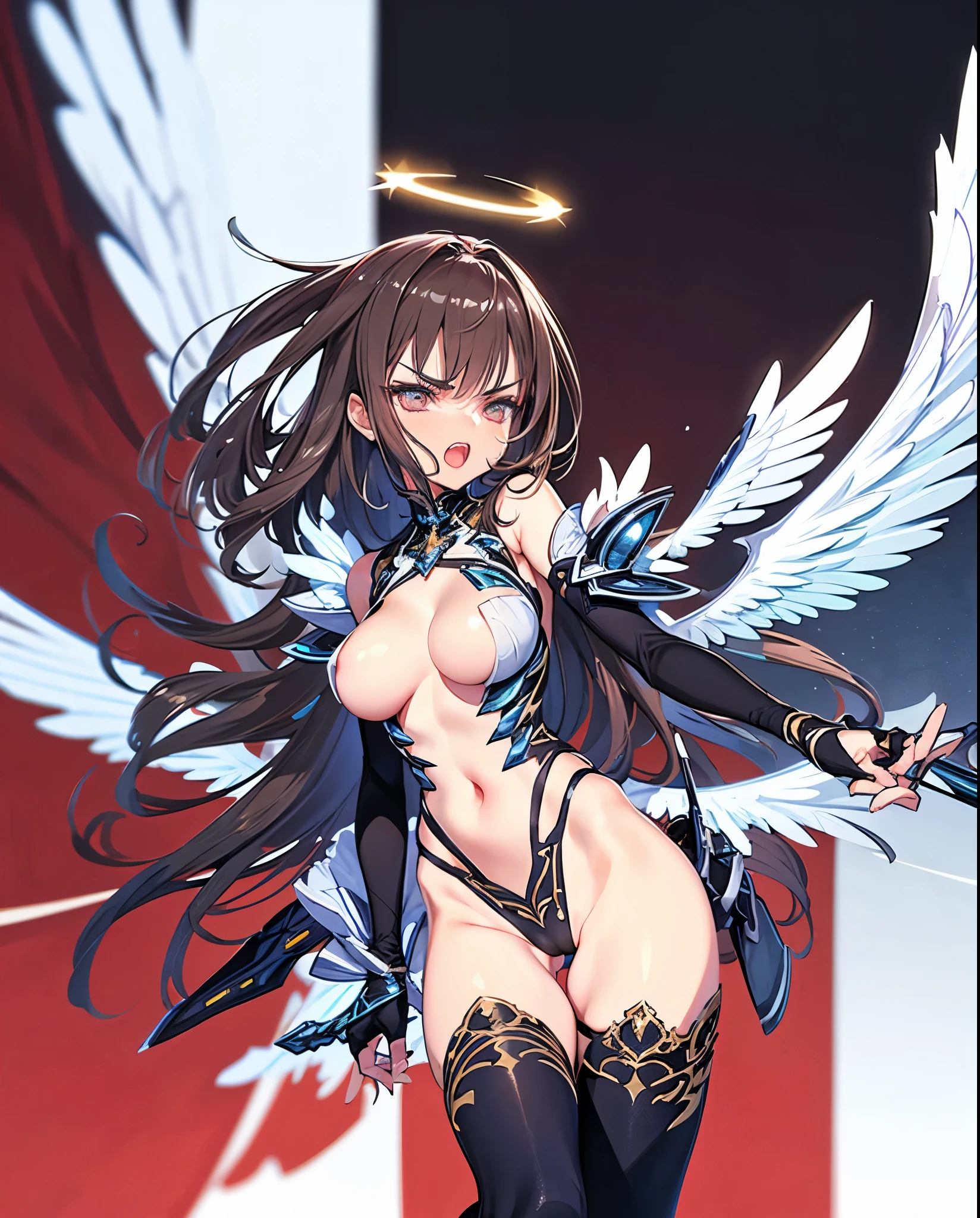 fantasy, 1angel_girl,(young_:1.5), ,brown_hair, medium_bob_hair, long_bangs, halo,bare_shoulder,thighhighs,silver_armor, waist_armor, large_breasts,angry,grinning,open_mouth_teeth, 1pair_wings, dynamic_pose_fighting,floating, bare_crotch, headgear,gauntlet, greaves,city_background,slightly_spread_legs, solo, groin_naked,