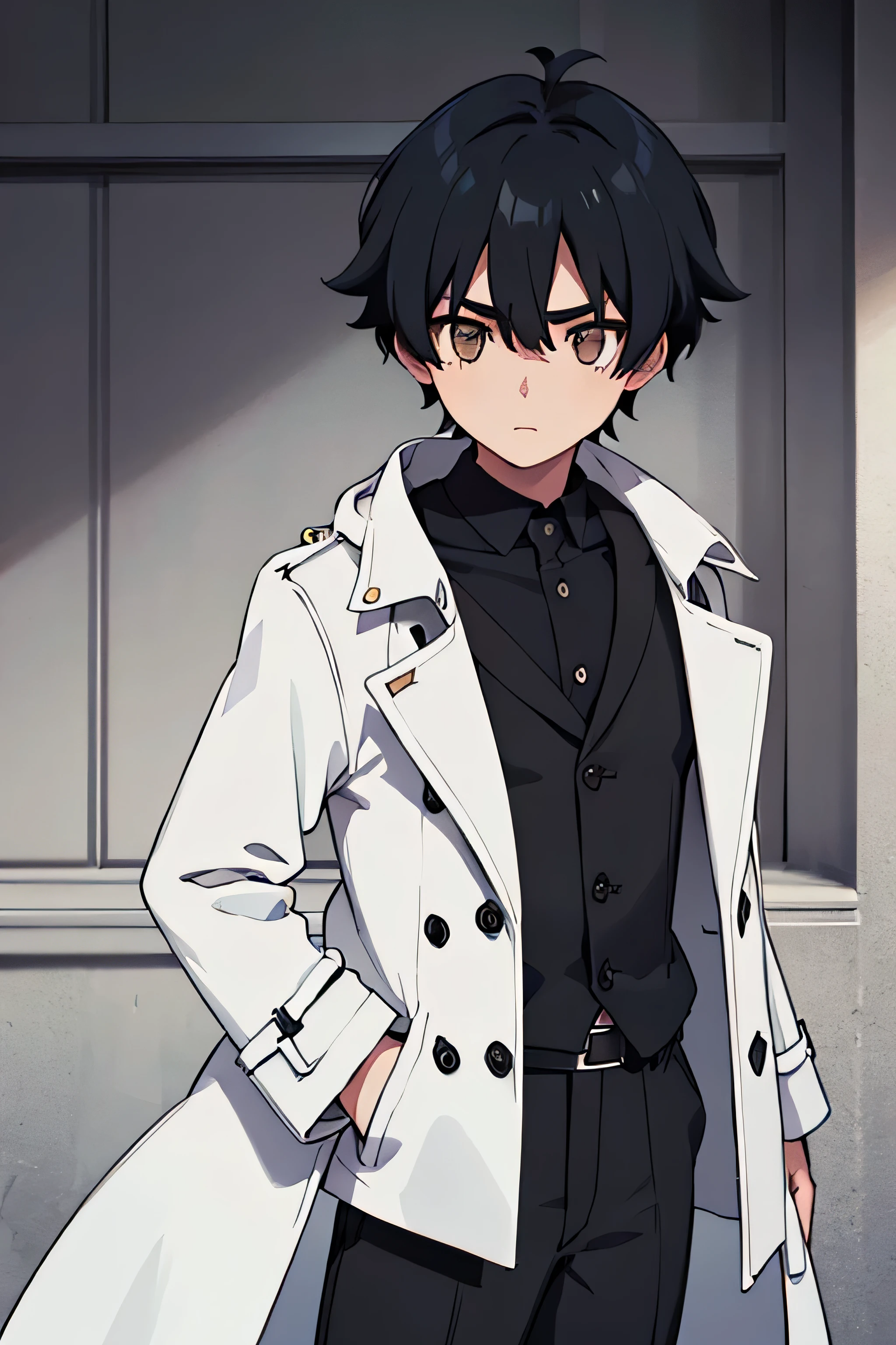 A boy with black hair with white details and dark brown eyes wearing a black trench coat and black pants with white details and 