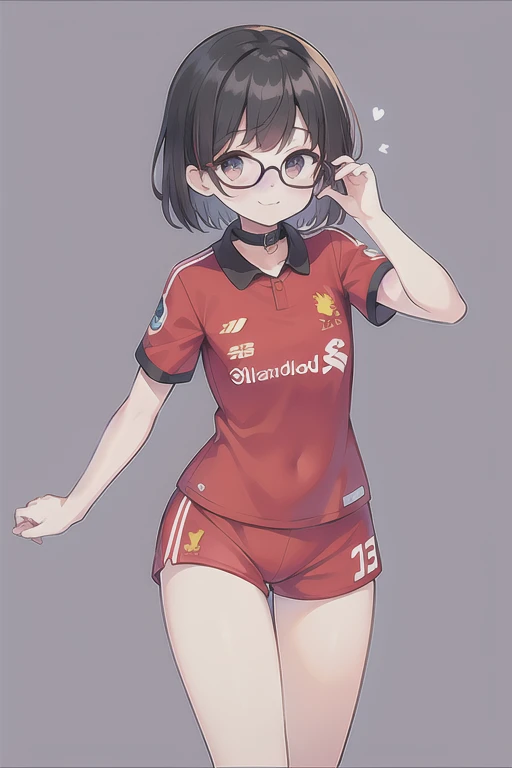 shape, short hair,Glasses, Black Hair, lilac eyes, smile,: 3,Liverpool soccer uniform, The background is pure white,whole body,Standing pose,The sleeves and collar are red.,whole body,Short sleeve,hot pants,High leg