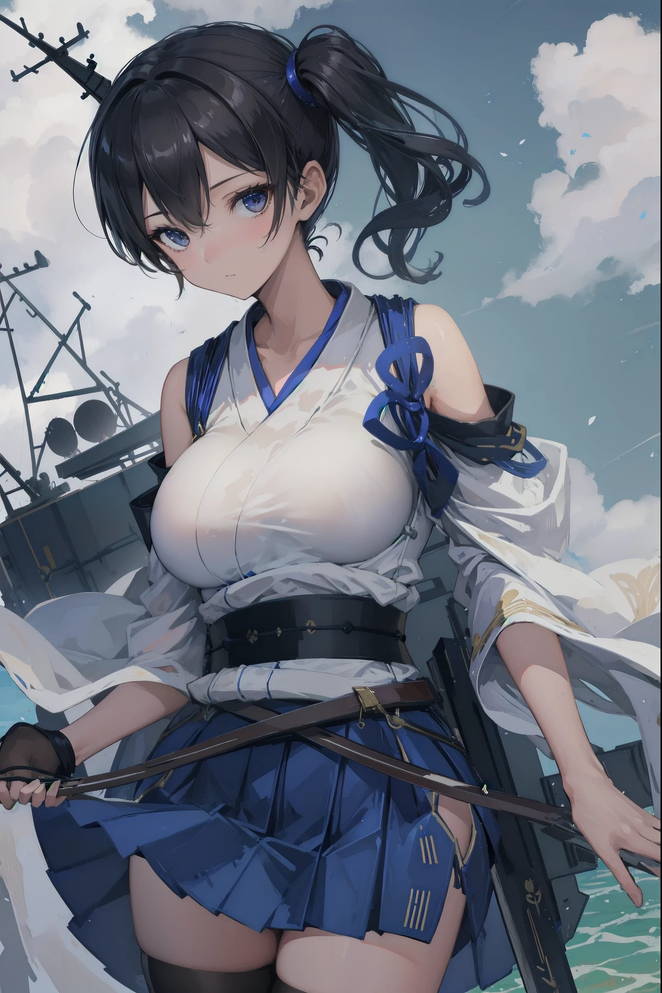 Kaga(Fleet Collection),highest quality, masterpiece, High resolution,kimono,blue skirt,side ponytail,big_breasts,