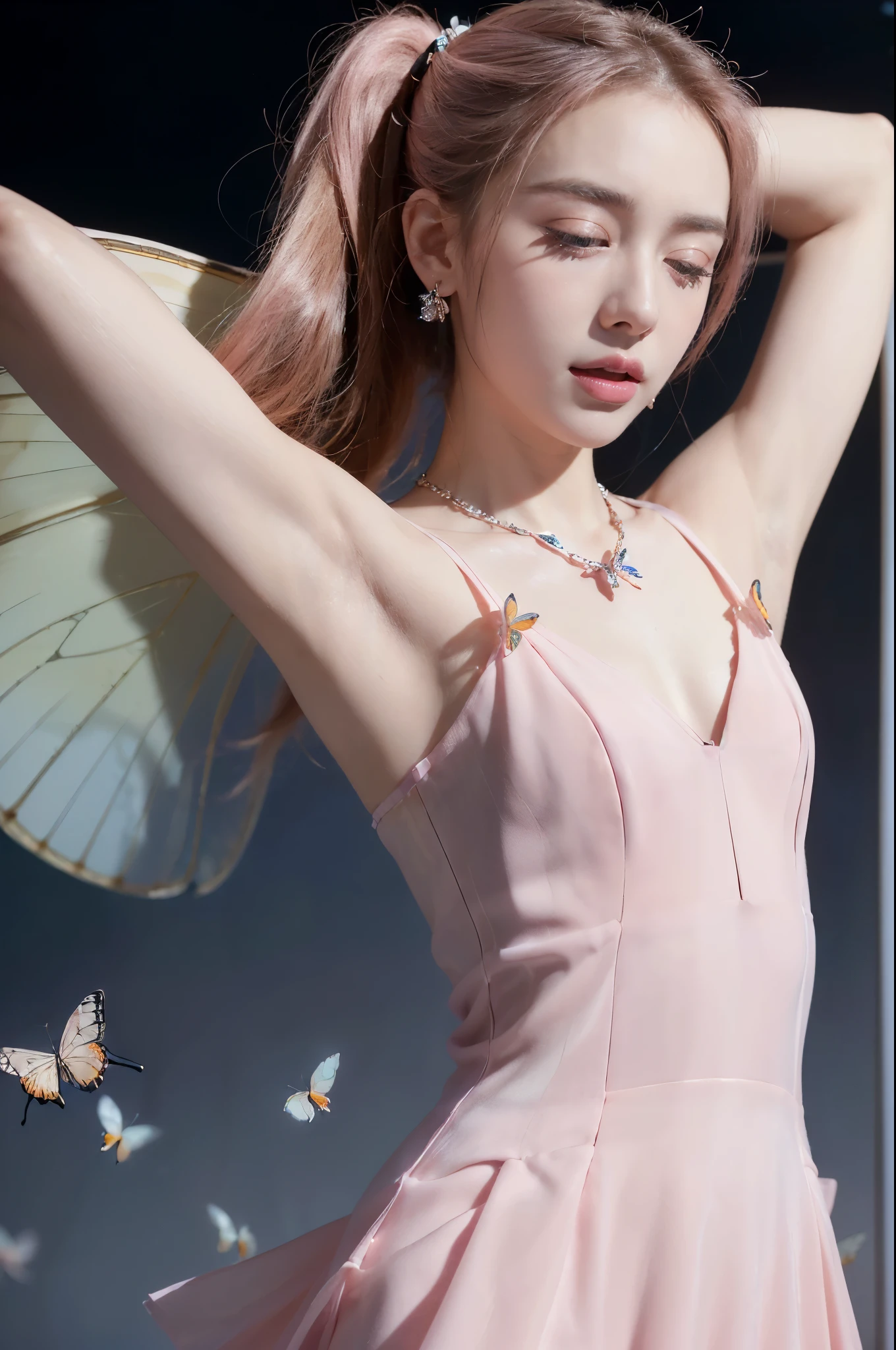 ((((8k))),((Extremely meticulous CG)) ,(wallpaper),(Portrait above the chest:1.2),16k,((Extremely refined and beautiful)),(((Masterpiece))),(((best qualtiy))),(((Ultra High Resolution))),beautiful light up,Perfect lightning,realistic shaded,((high resolution)),(Smooth and flawless skin:1.5),(Extremely exquisite facial details:1.2),(perfect body:1.2),(ultra-detailed),((A beautiful girl,solo)),(small head:1.2),(pale skin:1.3),(short ponytail:1.2),(earrings:1.2),(close eyes:1.5),(open mouth:1.5),(small face:1.2),(Exquisite makeup:1.2),((slim,thin)),(laughing:1.2),(happy:1.2),(crystal necklace:1.2),(small breasts:1.2),(flat chests:1.2),(strap Gorgeous pink dress made of butterflies:1.5),(night scene:1.5),(indoor:1.3),(neon lights:1.3),(detailed background:1.5),(standing:1.3),(raise both arms up:1.5),(arms behind head:1.3),(armpits:1.3),(close-up of face:1.3),(from front:1.3),