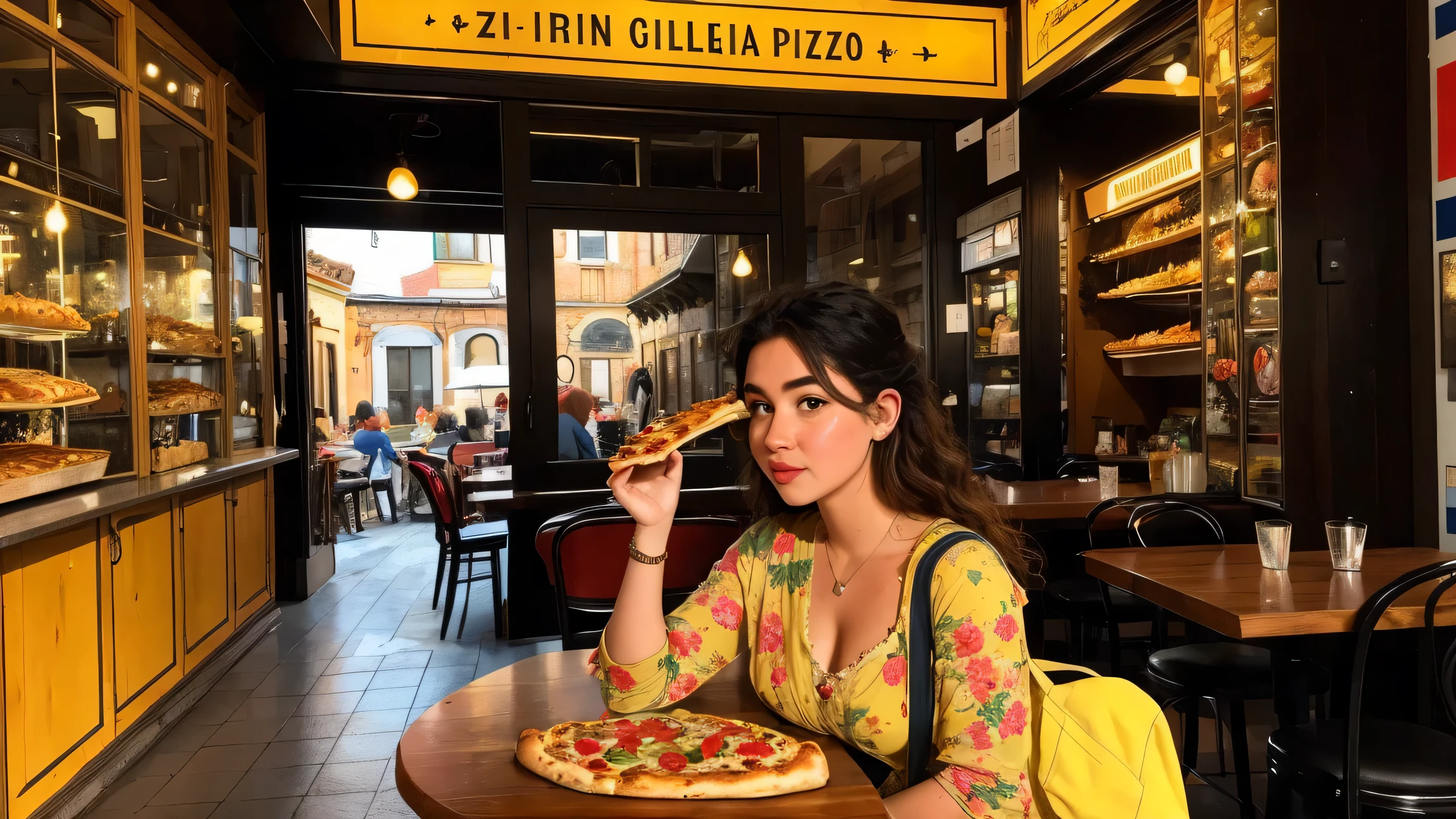 (masterpiece), (best quality), HDR, Intricate details, 1 Girl,Pizzeria,Girl eating pizza,Pizza and food on the table,drinks