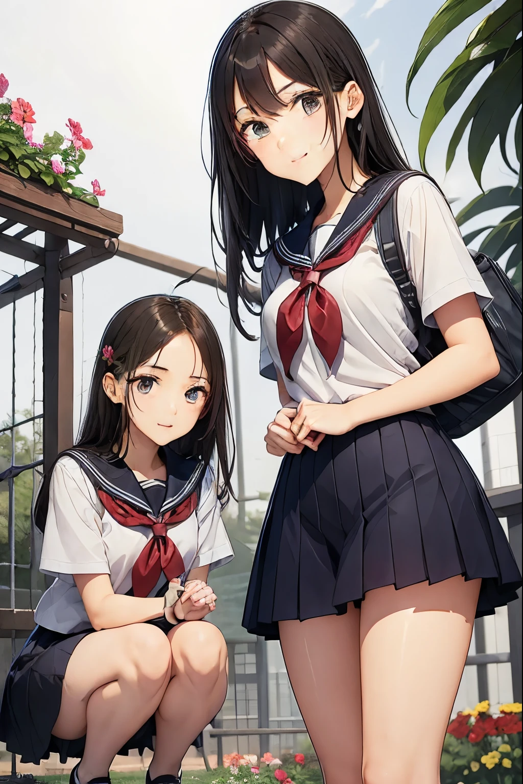 two high school girls、Crouching down in front of a flower bed、Watching the flowers、seductive smile、school playground、