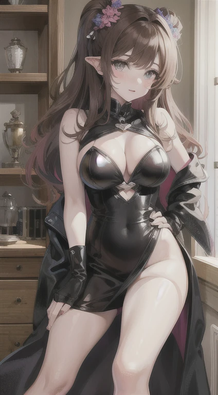 (highest quality, 8k, 32k, masterpiece, Ultra-high resolution:1.2), kizuna ai, Huge breasts,Long Hair, brown hair, Multicolored Hair, Hair tied up, pink hair band, pink highlights, Striped Hair, smile, dress, No bra, backless dress, Cleavage, Handbags, High heels, sleeveless dress, bar, Nightclub , bare thighs, Thick thighs, black dress, champagne glasses, big dragon tattoo on thigh