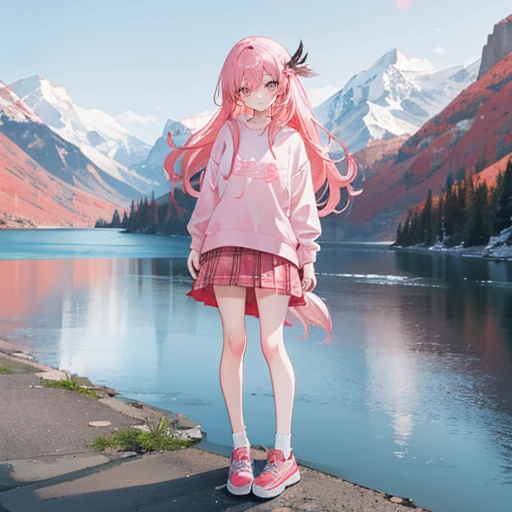 Coral pink hair,Long hair,hair over one eye,Gray eyes,feather hair ornament,cute,Girl,laughing expression,White sweatshirt,Plaid skirt,Wear shoes on your feet,Standing by the river,Side body,Don't show your arms,The background is the plateau snow mountain,A lot of people