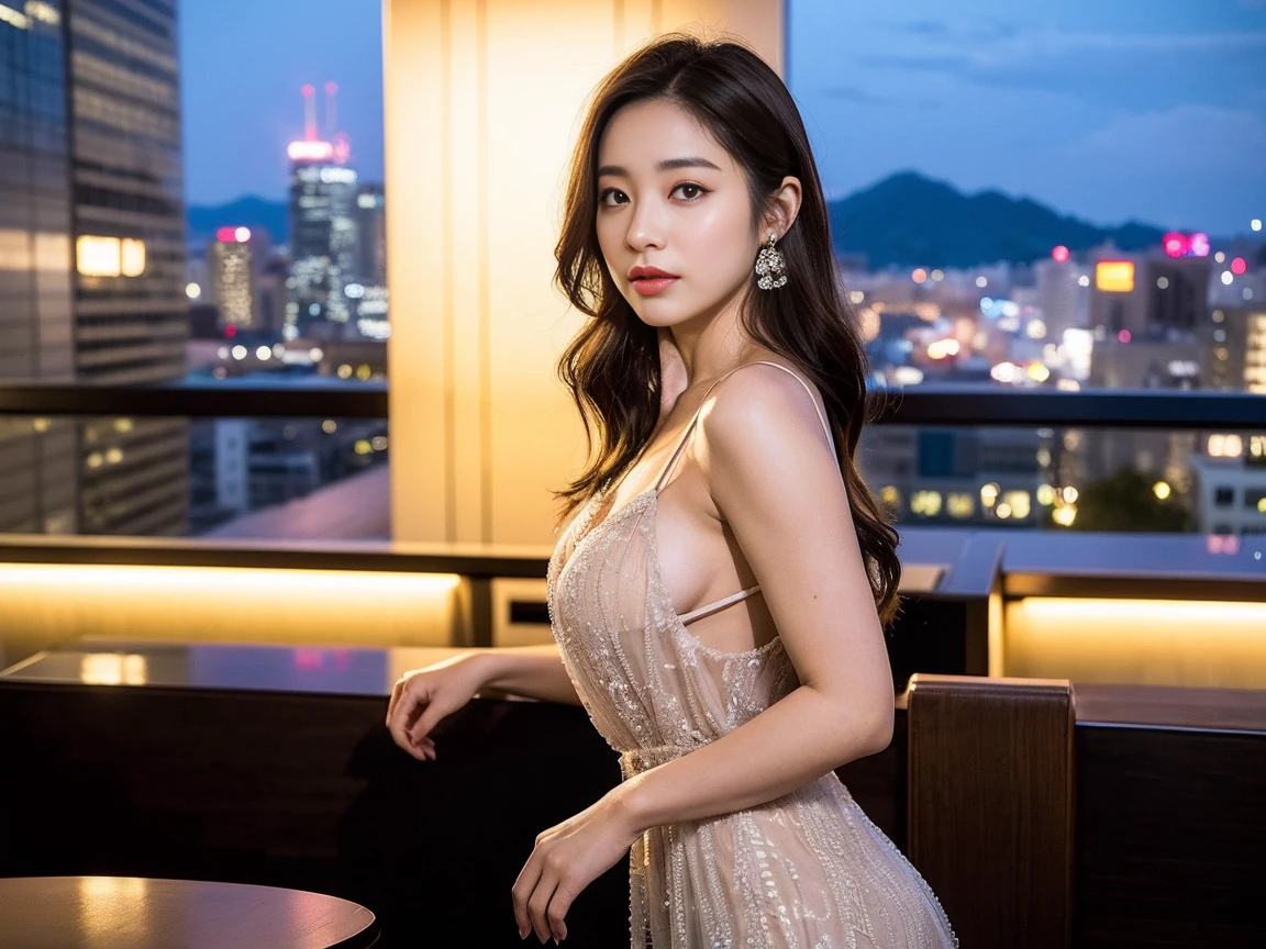 (8K、RAW Photos、top-quality、​masterpiece:1.2)、(realisitic、Photorealsitic:1.37)、1girl in、japanes、25-years old、femele、deep in the night、Moon Night、The rooftop of a building overlooking the city、Night sky with the moon shining、photon maping、Radio City、dark brown hair、(full body Esbian)、详细的脸、Detailed lips、Fine-grained skin、二重まぶた、(huge-breasted:1.4)、(See-through dresses、Dress with wide open chest)、no-bra、No panties、a necklace、high-heels、(cammel toe)、perfectbody、shinny skin、 standino del pose、sexy facial expression、Make eye contact with the camera