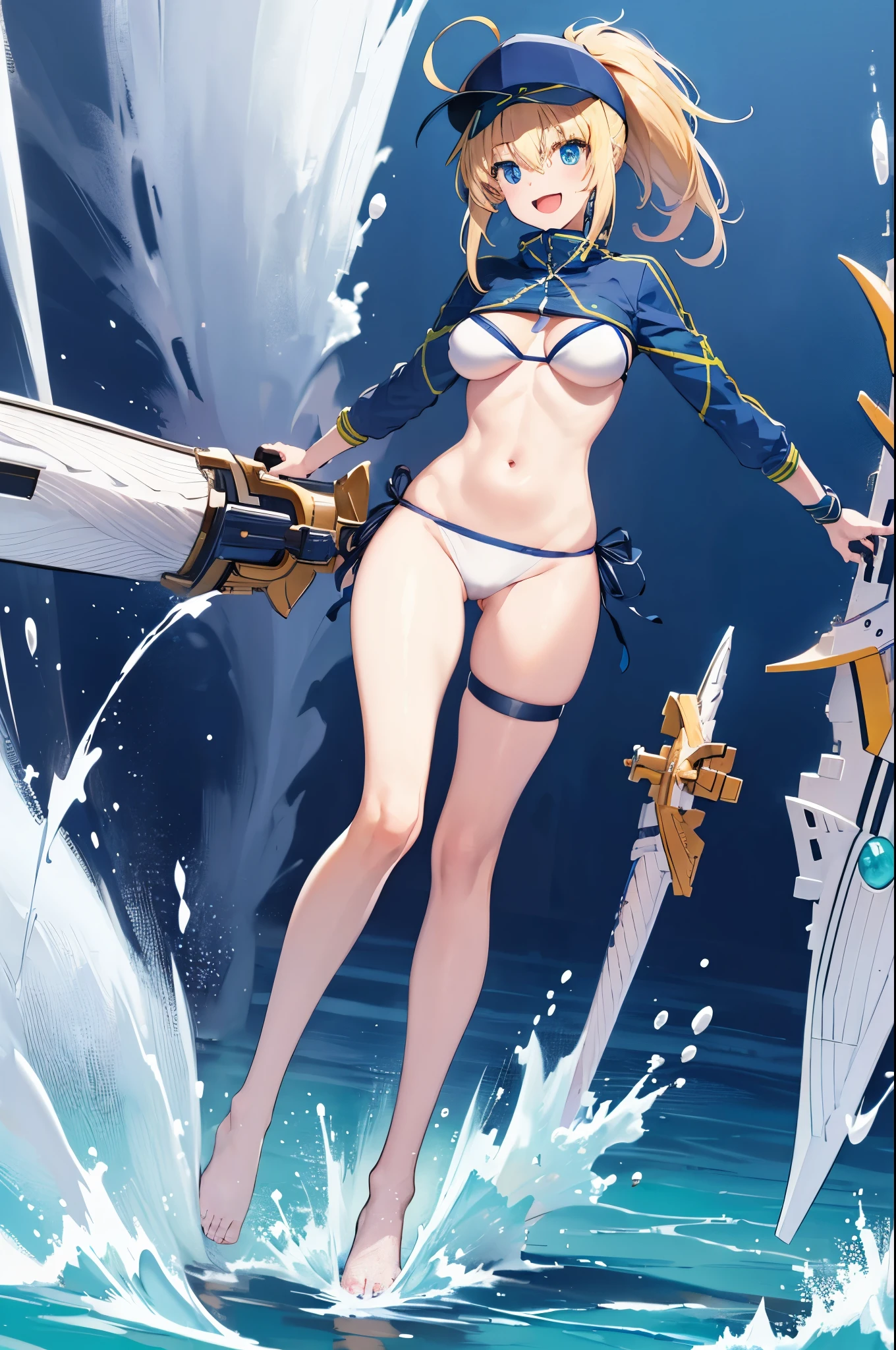 masterpiece,(ultra-detailed),1girl, mysterious heroine xx \(fate\), half_eyes,smile,open mouth, swimsuit, white bikini, side-tie bikini bottom, shrug \(clothing\), jacket, thigh strap, wristband, large_breasts, ocean, splashing,blonde_ponytail,open_legs,cap,happiness,standing,
