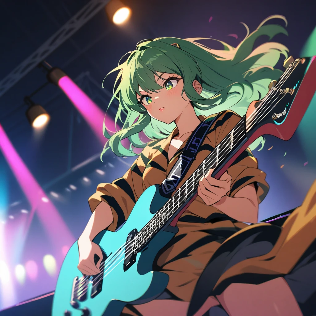 A girl on the stage, wearing a vibrant outfit, playing an electric guitar with incredible skill. Her beautiful detailed eyes and lips convey a sense of passion and energy. The stage is inside a school, with stunning portraits decorating the walls. The atmosphere is filled with vibrant colors and stage lighting, creating an energetic and captivating scene. The guitar solo she plays resonates throughout the room, captivating the audience with its powerful sound.