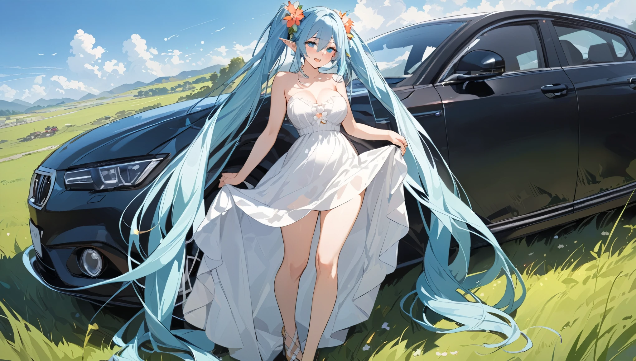  (masterpiece, best quality), 1 elven girl, view from side , full body,( bare breasts, thigh),  (light blue hair, twin tails ,very long hair ,floating hair), hair between eyes, multi colored hair,hair flower ornament ,(blush, smile, aqua eyes), open mouth, elf dress,  summer dress , strapless dress, (Open the front of the  dress chest wide), large breasts, pointed ears, car ,black car , standing next to the car,  grassland