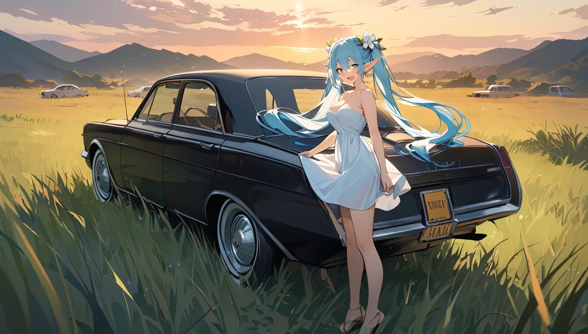  (masterpiece, best quality), 1 elven girl, view from side , full body,( bare breasts, thigh),  (light blue hair, twin tails ,very long hair ,floating hair), hair between eyes, multi colored hair,hair flower ornament ,(blush, smile, aqua eyes), open mouth, elf dress,  summer dress , strapless dress, (Open the front of the  dress chest wide), large breasts, pointed ears, car ,black car , standing next to the car,  grassland