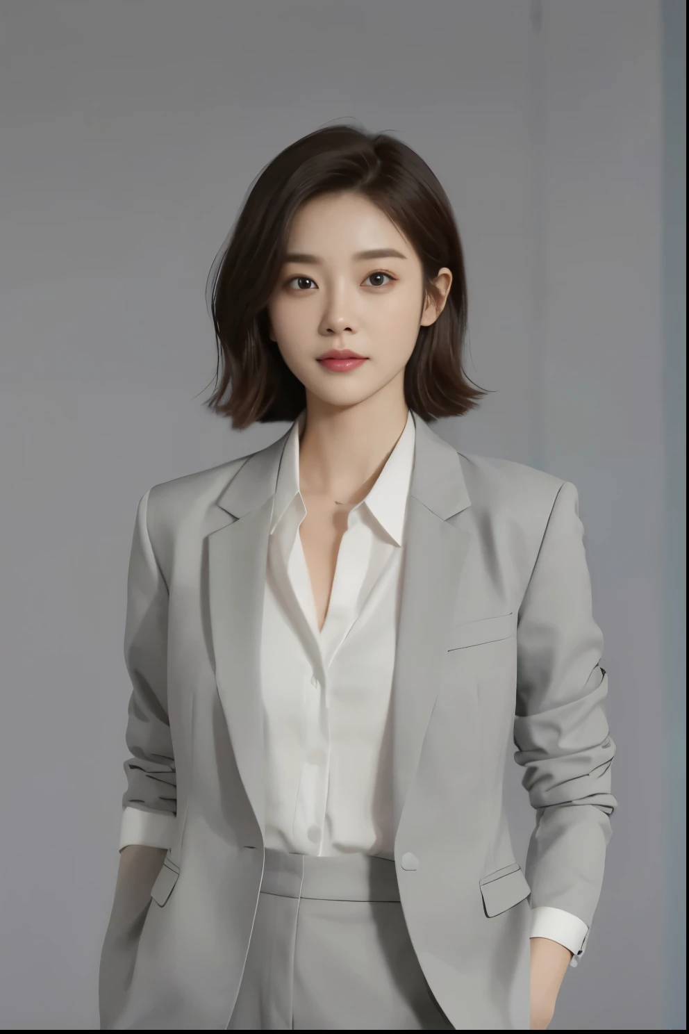 A woman in a grey suit and white shirt poses for a photo, Lee Ji-eun, Lee Ji-eun, Cui Xianhua, Guo Zhiying, Shin Min Jung, Nam Jae-yeon, Korean actress, Huang Shishi, Stopping distance - minutes, Zheng Shangxiu, short hair, Wearing a suit