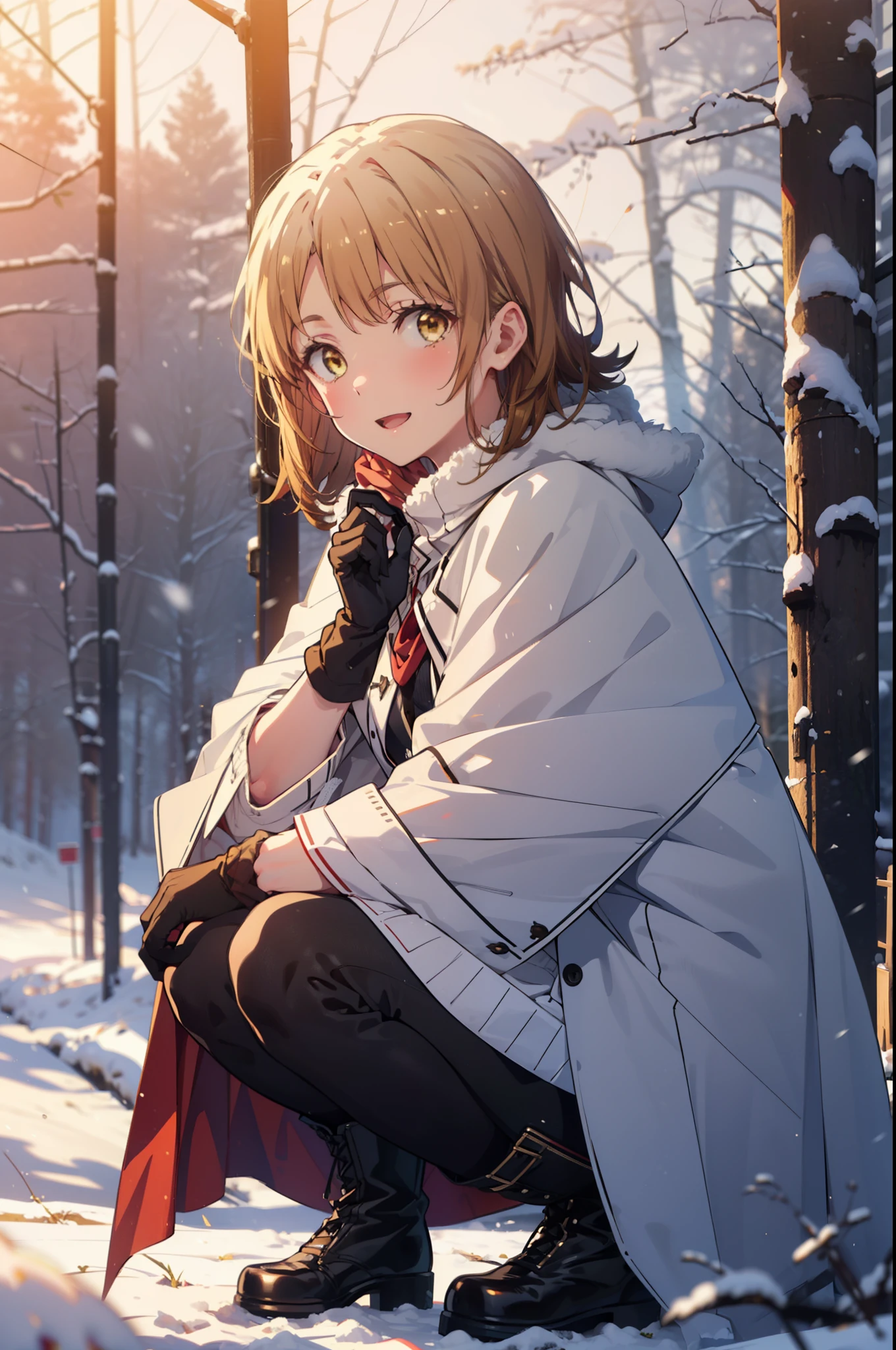 irohaisshiki, iroha isshiki, short hair, brown hair, (Brown eyes:1.5), smile,
Open your mouth,snow, fire, Outdoor, boots, snowing, From the side, wood, suitcase, Cape, Blurred, Food up, forest, gloves, nature, Brown eyes, red gloves, Squat, Mouth closed, フードed Cape, winter, Written boundary depth, Black shoes, red Cape break looking at viewer, Upper Body, whole body, break Outdoor, forest, nature, break (masterpiece:1.2), highest quality, High resolution, unity 8k wallpaper, (shape:0.8), (Fine and beautiful eyes:1.6), Highly detailed face, Perfect lighting, Highly detailed CG, (Perfect hands, Perfect Anatomy),