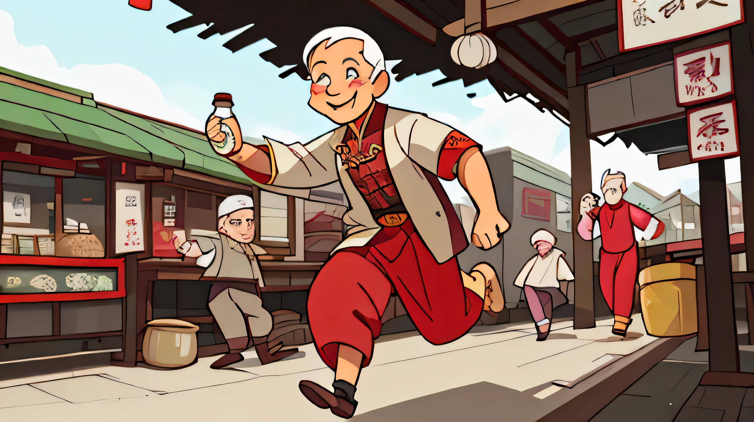 A kind old man(male),Wear traditional Chinese clothing,Bottle in hand,Running in the market,Smiling,