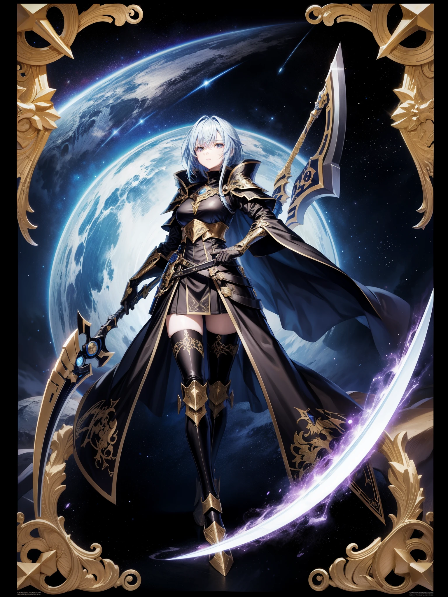 an anime image of a fantasy game knight, wielding a galaxy scythe, galaxy print on the scythe, wearing black armor, allay in background, digital art, HD, masterpiece, best quality, hyper detailed, ultra detailed,