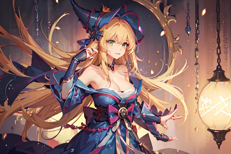 masterpiece, best quality, 1girl, solo, hat, blonde-hair, drill-hair, gloves, breasts, blue-eyes, witch-hat, thigh-boots, thighhighs, boots, elbow-gloves, open-mouth, staff, purple-headwear, smile, dress, full-body, simple-background, cleavage, large-breasts, looking-at-viewer, purple-dress, very-long-hair, purple-gloves, holding, purple-footwear, wand standing-on-one-leg, twin-drills, holding-staff, witch, black-footwear, puffy-sleeves