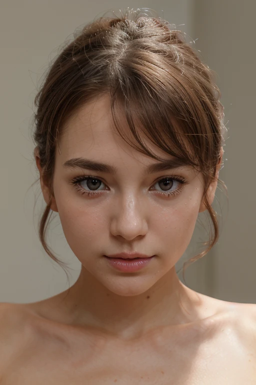 A gentle and lovely beautiful woman, delicate and sexy collarbone, charming goose egg face, double eyelids, smart peach blossom eyes, pink lips, small upturned nose, bare shoulders, focused face, face close-up, ultra HD, super detail, full body photo, ultra-thin light transmission optimal ratio four fingers and one thumb, JK miniskirt