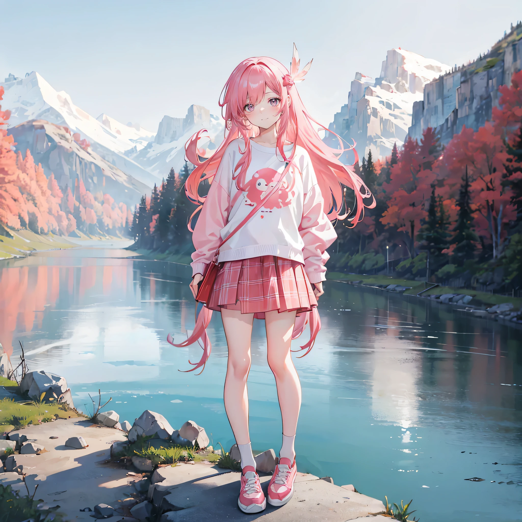 Coral pink hair,Long hair,hair over one eye,Gray eyes,feather hair ornament,cute,Girl,laughing expression,White sweatshirt,Plaid skirt,Wear shoes on your feet,Standing by the river,Side body,Don't show your arms,The background is the plateau snow mountain,A lot of people