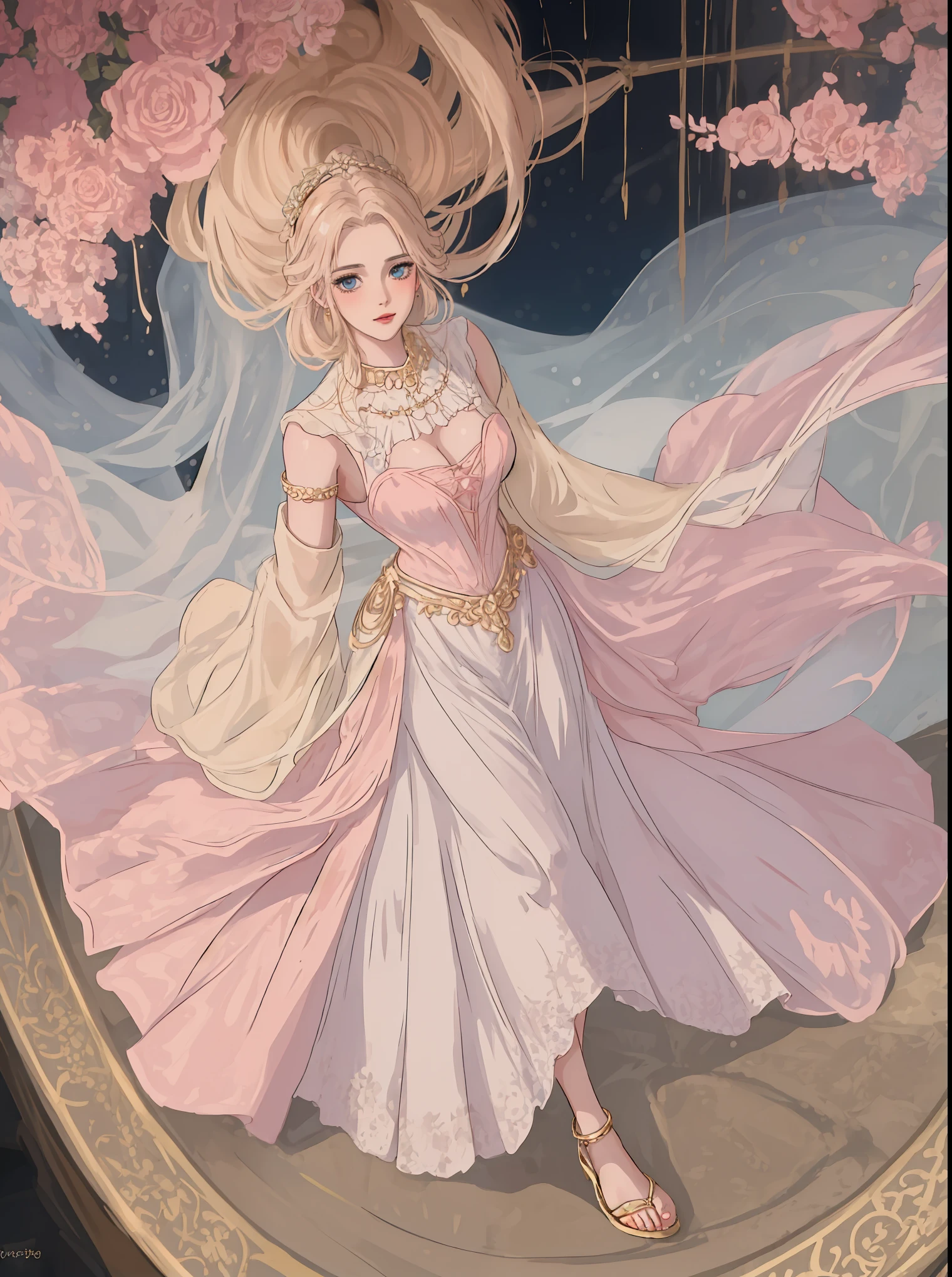 An extremely beautiful gorgeous pretty mother with snow white fair skin and gold blonde hair, age 23, oceanic big blue eyes, pink cheek blushes, brown-black eyelashes, pink puffy lips, flowers on hair, pink nails, a goddess-like extremely cute sweet smile, face full of life, wearings a gold necklace, wearing a short loose revealing pink floral then dress, yellow heels, feet anklets, gold bangles, gold-blue earings, looking at the viewer, standing, tight skinny perfect hourglass figure, big lavish mansion door background, day time, show full body.