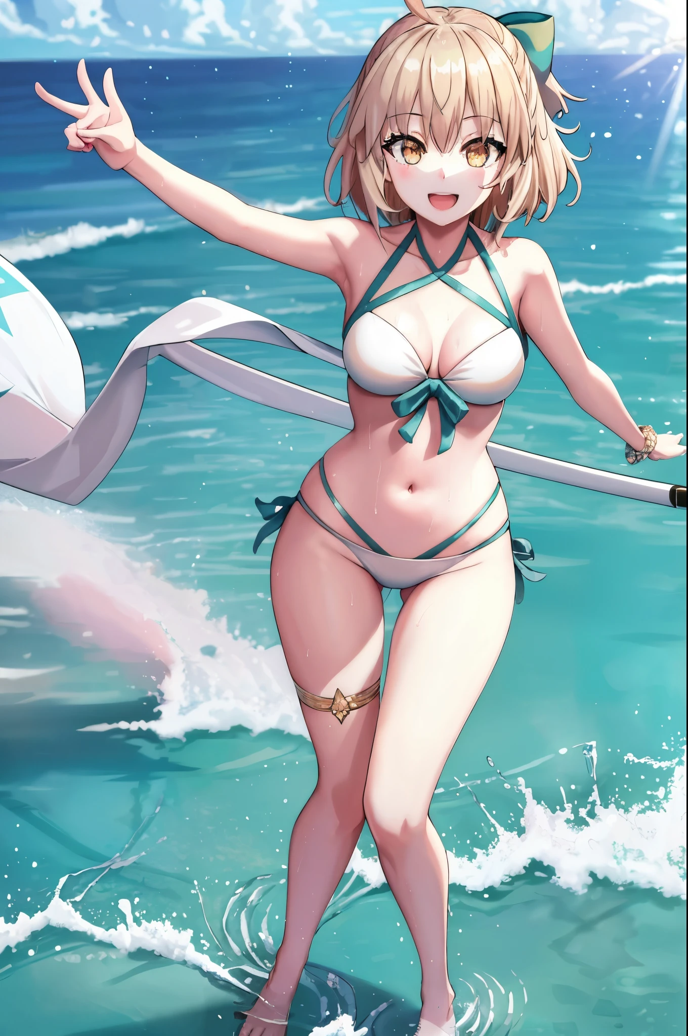 masterpiece, best quality,extremely detailed CG unity 8k wallpaper,
1girl,okita souji \(fate\), swimsuit,bikini,
 smile,open_mouth,dancing,sunlight,splash_of_water,happy,gold_eyes,half_eyes,apart_legs,rising_knee,open_legs,covered_pussy,