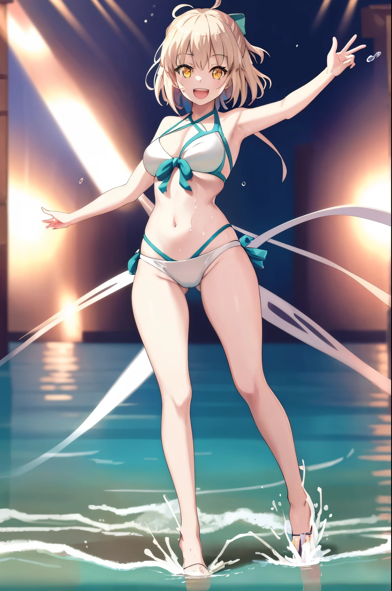 masterpiece, best quality,extremely detailed CG unity 8k wallpaper,
1girl,okita souji \(fate\), swimsuit,bikini,
smile,open_mouth,dancing,sunlight,splash_of_water,happy,gold_eyes,half_eyes,apart_legs,rising_knee,open_legs,covered_pussy,