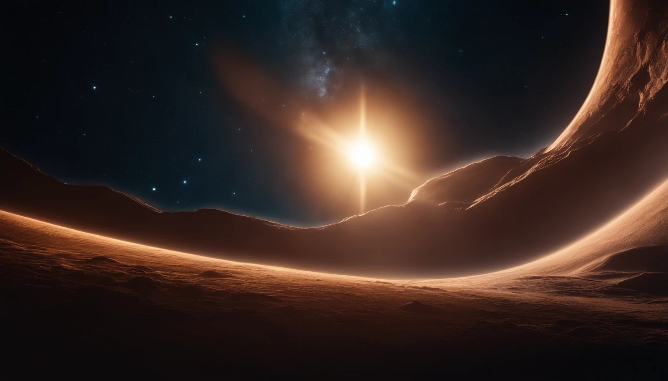 Weltraum, in der ferne sichtbare Galaxie, eine Sonne leuchtet