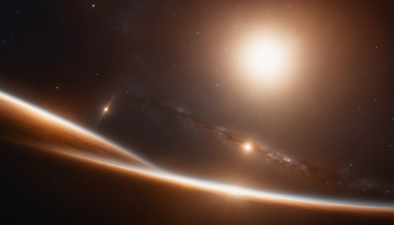 Weltraum, in der ferne sichtbare Galaxie, eine Sonne leuchtet