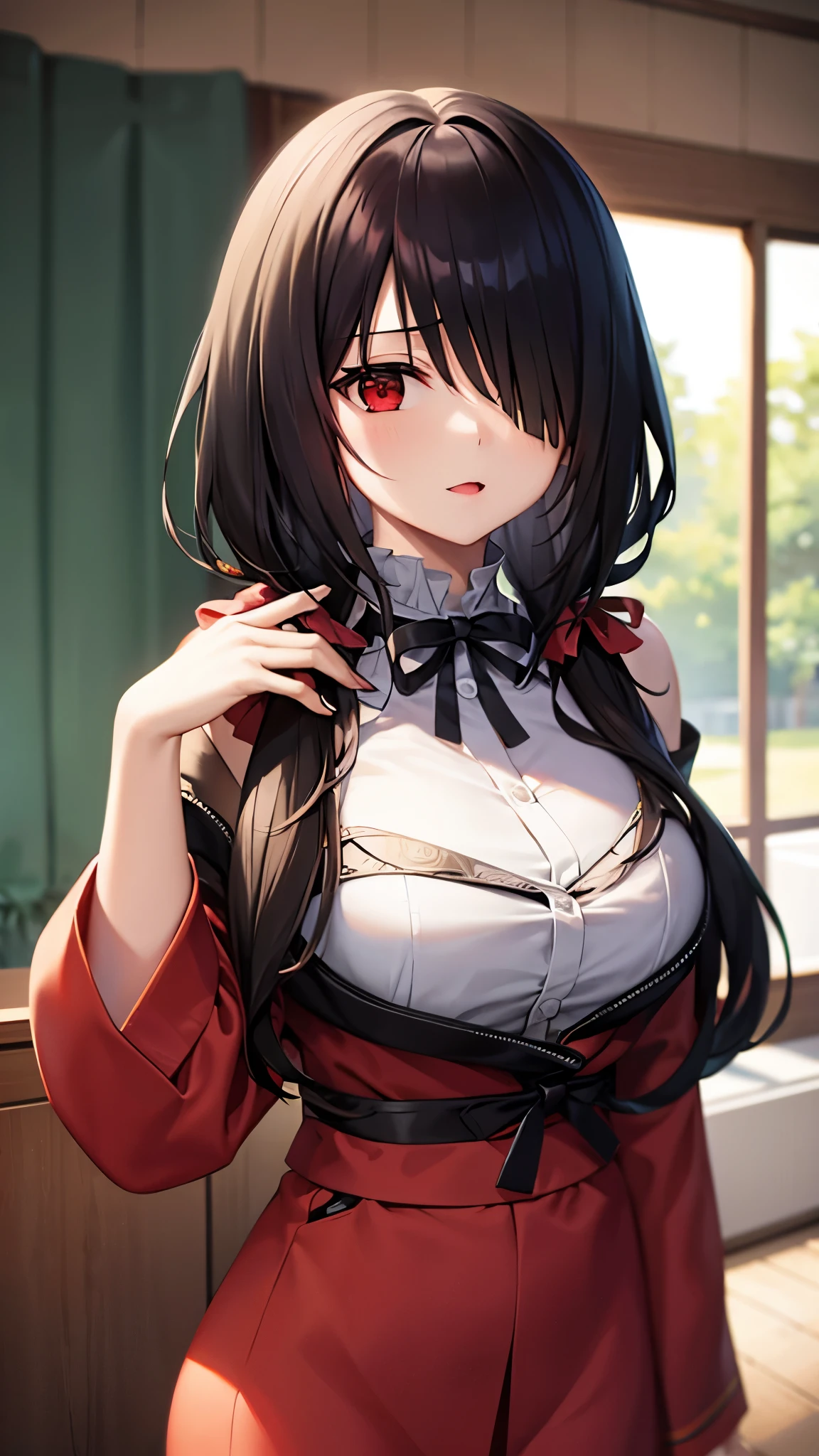 (((masterpiece))),(((best quality))),(((extremely detailed))),illustration,who, (masterpiece, top quality, best quality, official art, beautiful and aesthetic:1.2),(8k, best quality, masterpiece:1.2), tokisaki kurumi, black hair, low twintails, (hair over one eye:1.5), (red eyes:1.2), (small breast:1.2), bare shoulders, japanese clothes, kimono, yukata, red kimono,