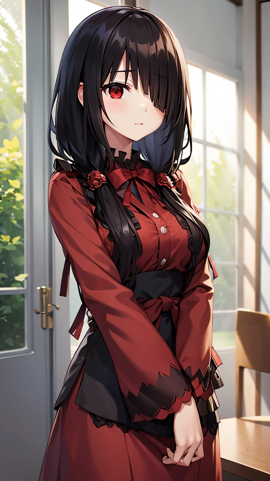 (((masterpiece))),(((best quality))),(((extremely detailed))),illustration,who, (masterpiece, top quality, best quality, official art, beautiful and aesthetic:1.2),(8k, best quality, masterpiece:1.2), tokisaki kurumi, black hair, low twintails, (hair over one eye:1.5), (red eyes:1.2), (small breast:1.2), bare shoulders, japanese clothes, kimono, yukata, red kimono,