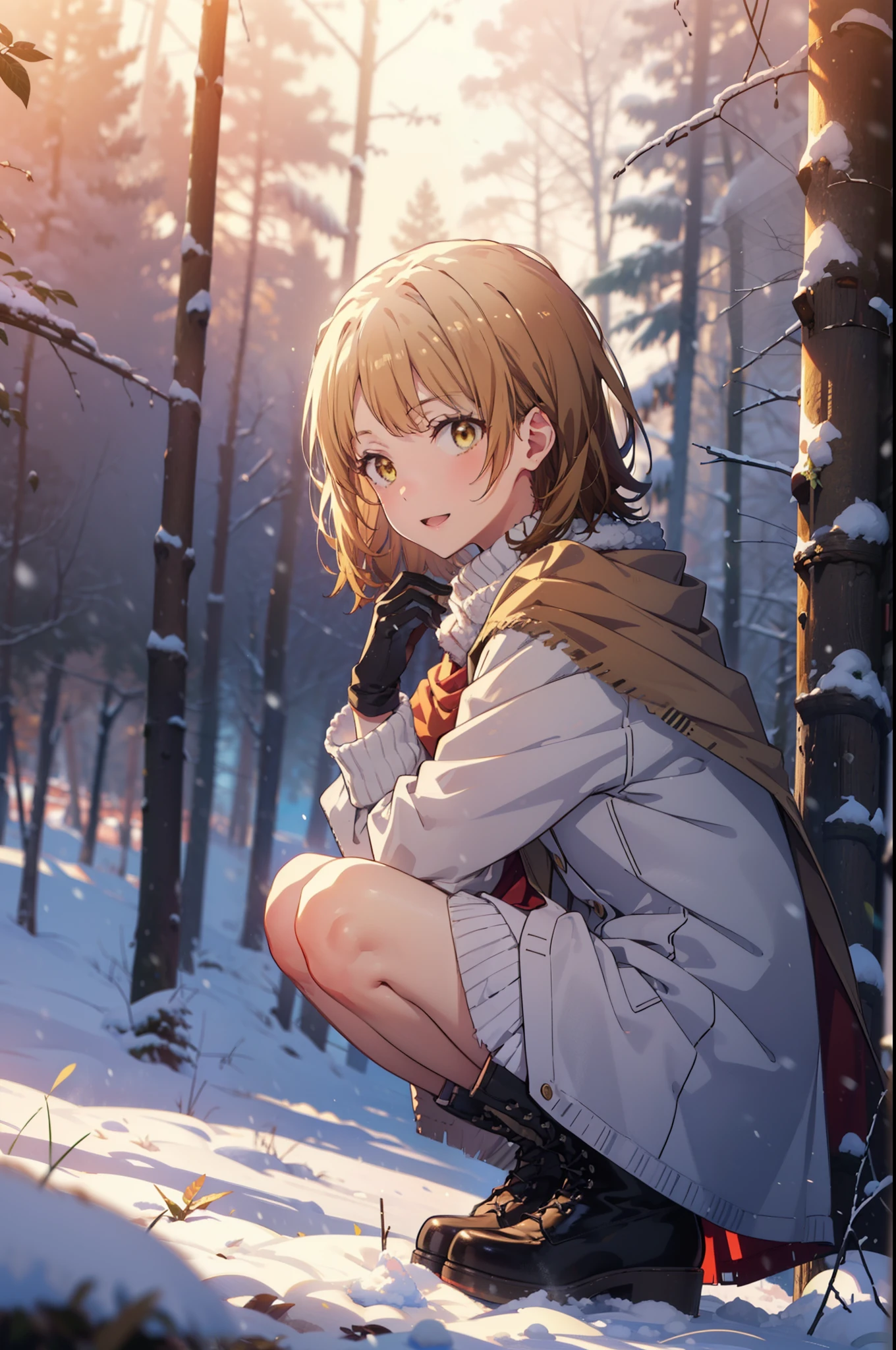 irohaisshiki, iroha isshiki, short hair, brown hair, (Brown eyes:1.5), smile,
Open your mouth,snow, fire, Outdoor, boots, snowing, From the side, wood, suitcase, Cape, Blurred, Food up, forest, gloves, nature, Brown eyes, red gloves, Squat, Mouth closed, フードed Cape, winter, Written boundary depth, Black shoes, red Cape break looking at viewer, Upper Body, whole body, break Outdoor, forest, nature, break (masterpiece:1.2), highest quality, High resolution, unity 8k wallpaper, (shape:0.8), (Fine and beautiful eyes:1.6), Highly detailed face, Perfect lighting, Highly detailed CG, (Perfect hands, Perfect Anatomy),