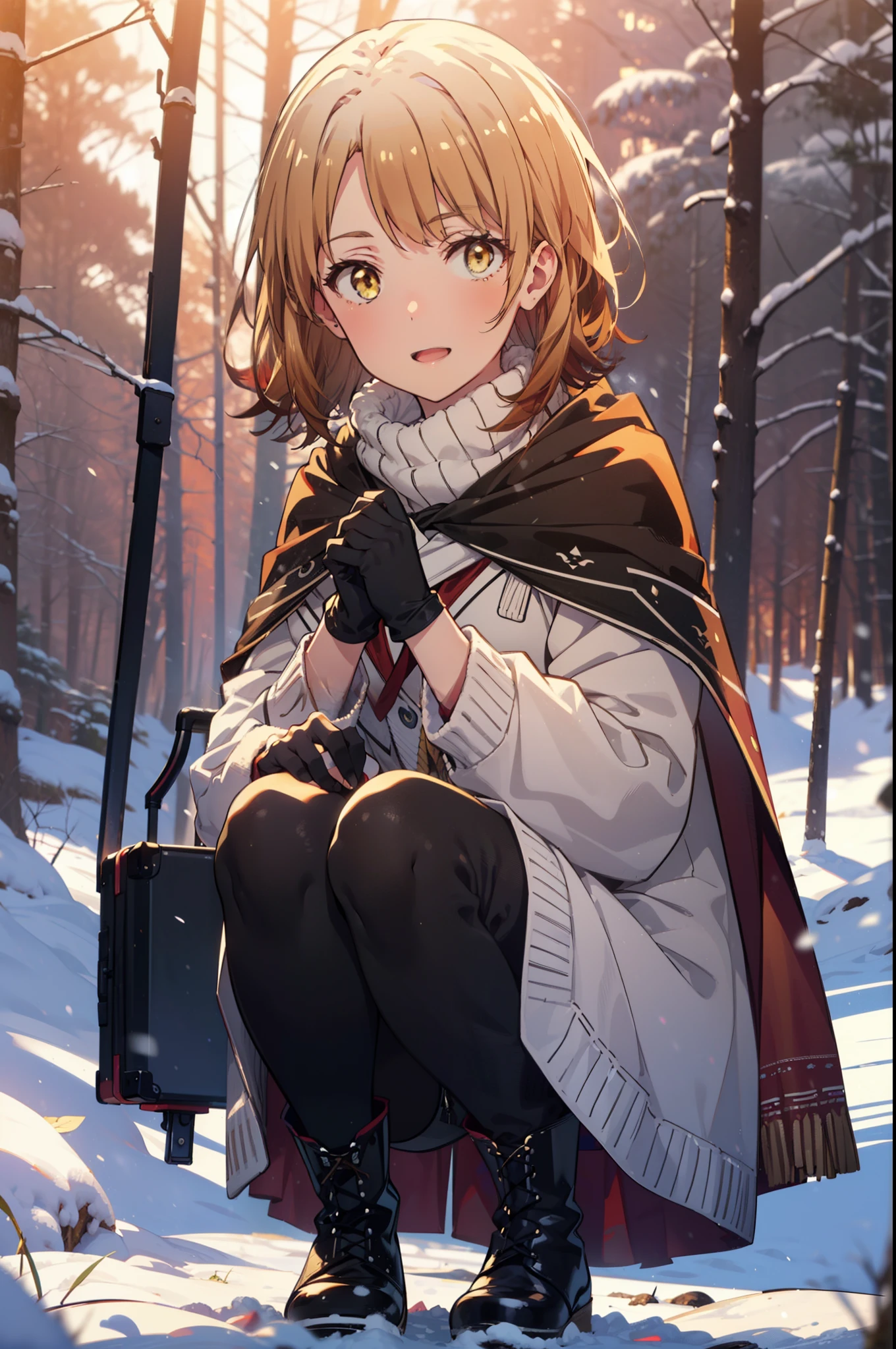 irohaisshiki, iroha isshiki, short hair, brown hair, (Brown eyes:1.5), smile,
Open your mouth,snow, fire, Outdoor, boots, snowing, From the side, wood, suitcase, Cape, Blurred, Food up, forest, gloves, nature, Brown eyes, red gloves, Squat, Mouth closed, フードed Cape, winter, Written boundary depth, Black shoes, red Cape break looking at viewer, Upper Body, whole body, break Outdoor, forest, nature, break (masterpiece:1.2), highest quality, High resolution, unity 8k wallpaper, (shape:0.8), (Fine and beautiful eyes:1.6), Highly detailed face, Perfect lighting, Highly detailed CG, (Perfect hands, Perfect Anatomy),