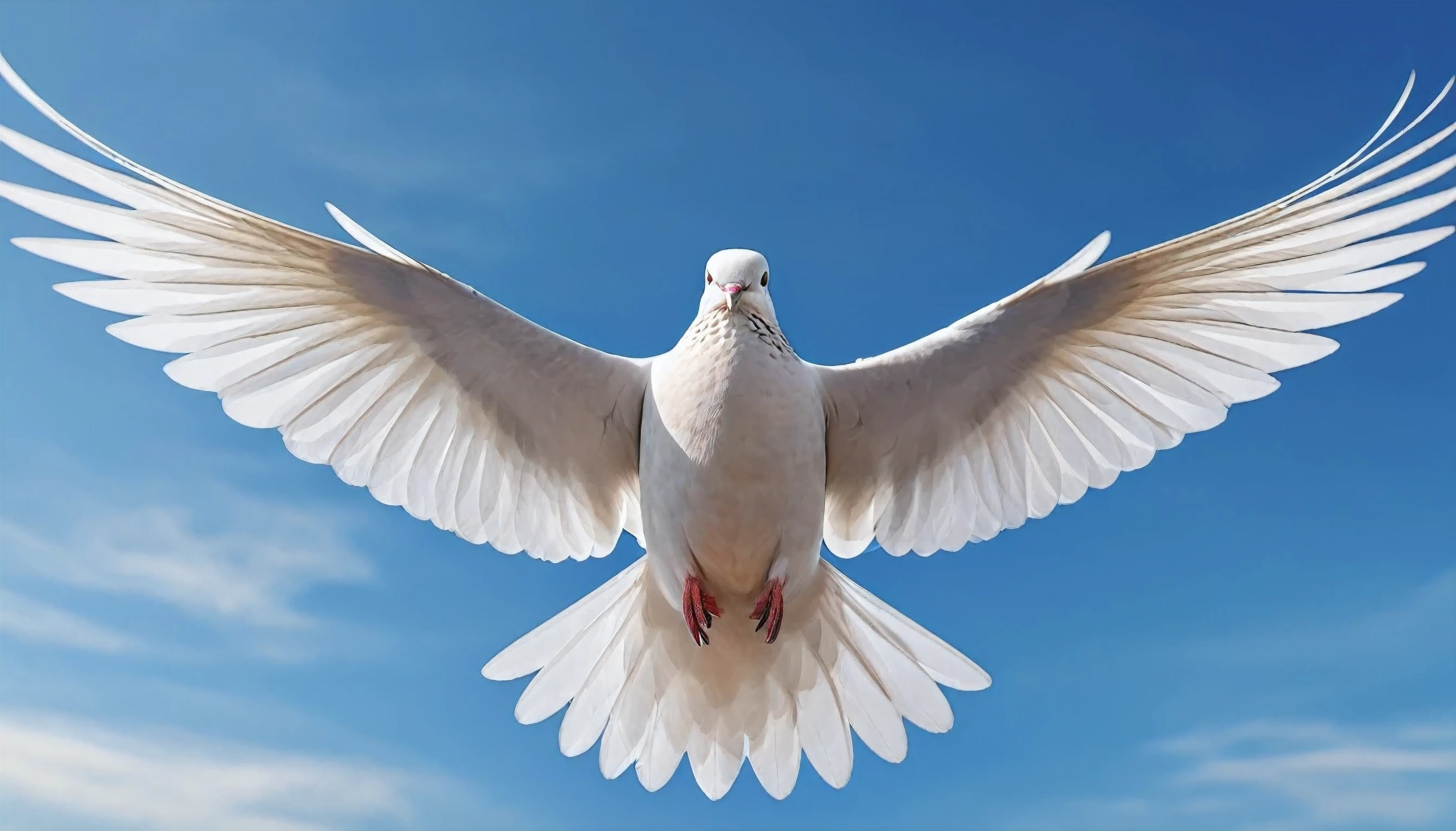 Dove, white, flying, from the front, with open wings, symmetrical wings, photorealistic, photo, xl, 4k, blue sky, beautiful, many details,