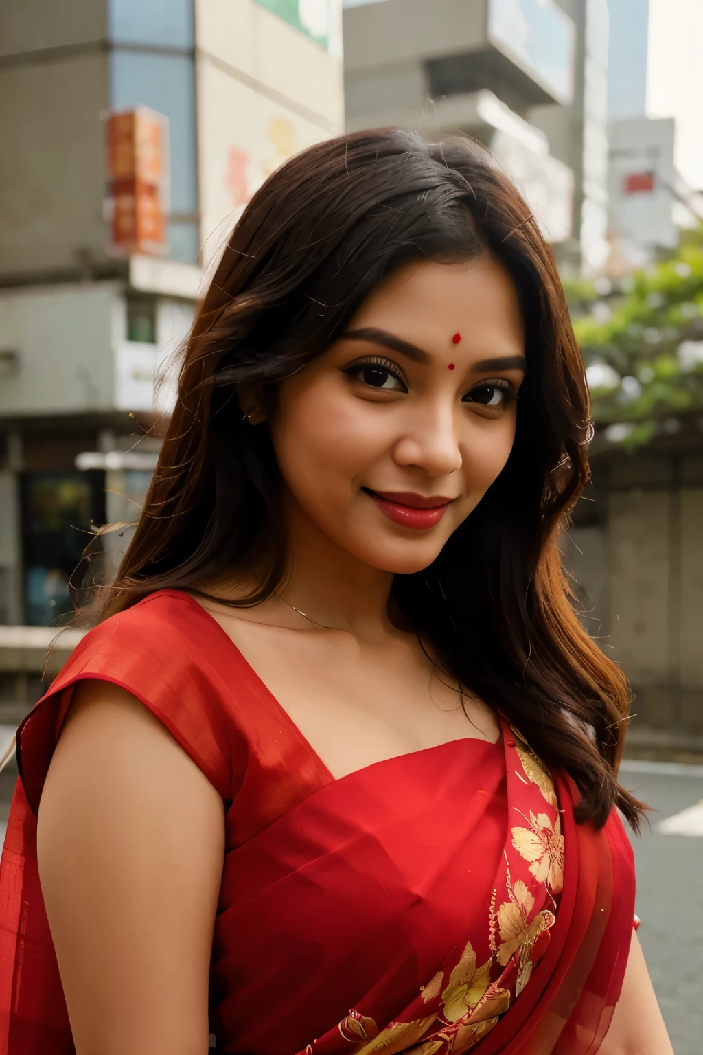 full body picture of a beautiful woman in Red saree and blouse, is in tokyo environment she has flower in her hand and smilling