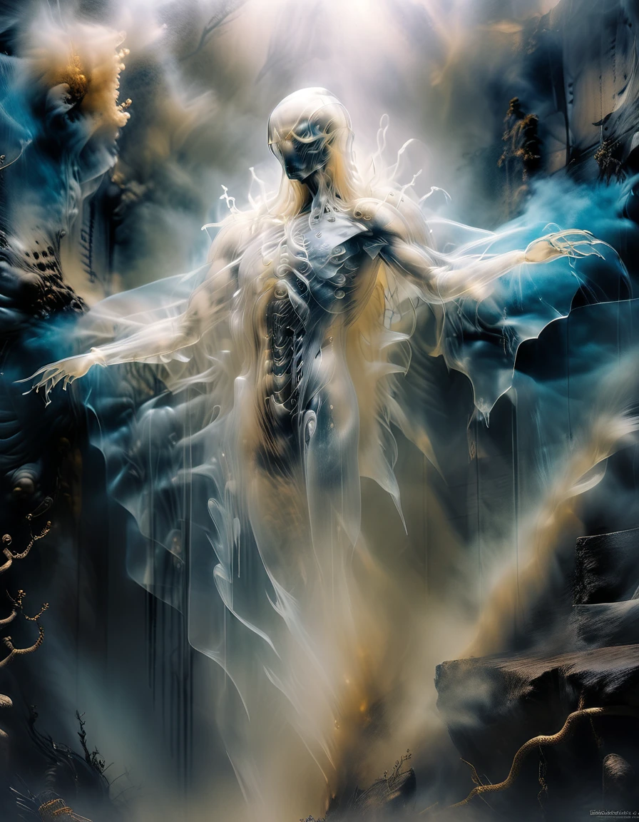 look up, Giant creatures/Giant creaturess, Giant creatures (Giant transparent alien creature), This creature is tall, Put on a hood, And a sturdy body covered with a lot of white and black mist, thick FOG, Biochemical Mutation Nucleus, weird, bioluminescent, Kistav Beksinski, Hejig, Webbed tentacles, Primary wings incomplete wings, Erratic, wrinkle, Microbiological, Phosphorescent, scaly, camouflage, Translucent resin wave style, bryce 3d, Mural style composition, Weathering Materials, luminescent,
background: A huge wall of ice from the Ice Age stands tall, Very detailed, Surreal, 3D Rendering, Complex mesh, light box, Made of feathers, new york bombing report, Interesting character design, Bokeh, dense FOG, FOG,
From below, upside down, Chiaroscuro, Ultra HD, masterpiece, Super Detail, High Detail, high quality, The award-winning, best quality, , 16K,